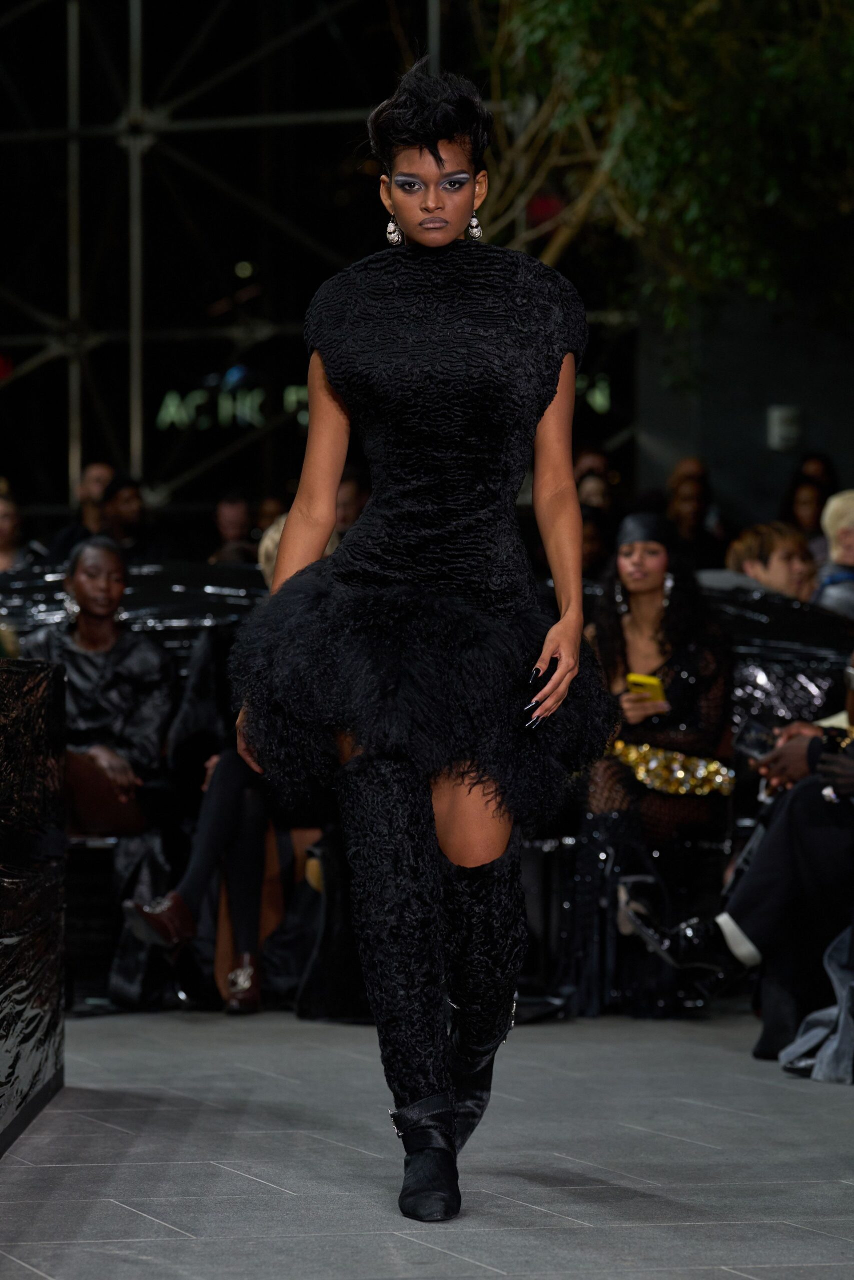 black fur sleeveless high-neck fitted ruffled mini dress