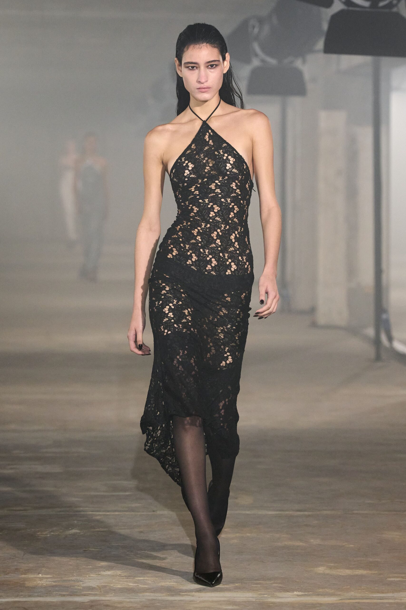 black lace sleeveless halter fitted draped sheer dress