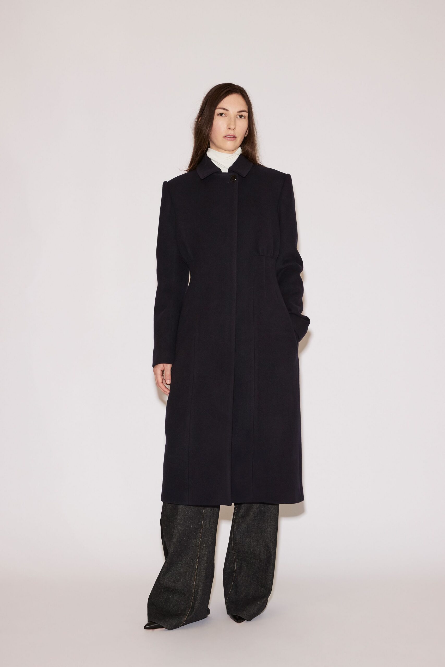 black wool long-sleeve collared fitted buttoned maxi coat