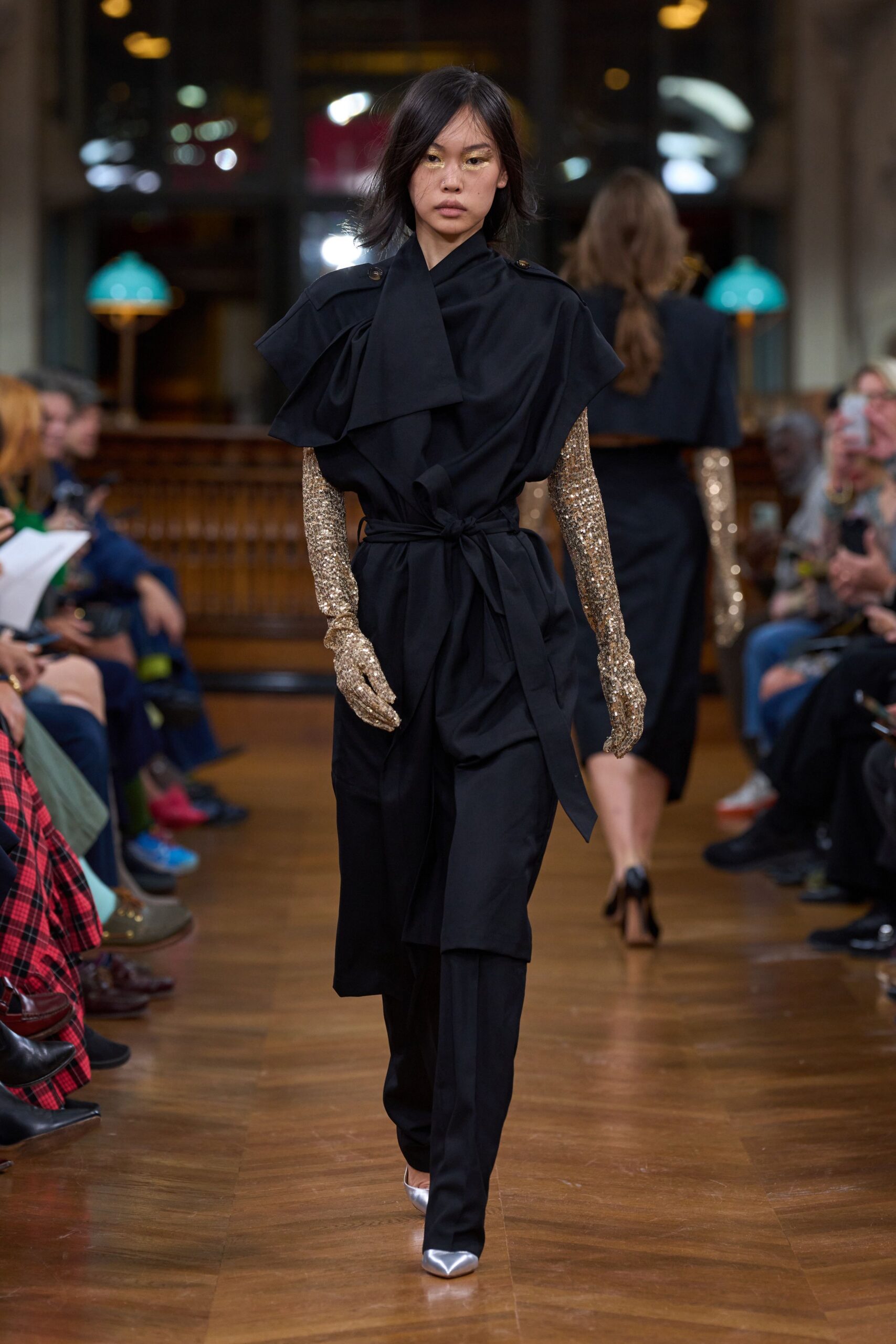 black cotton long-sleeve collared fitted belted jumpsuit
