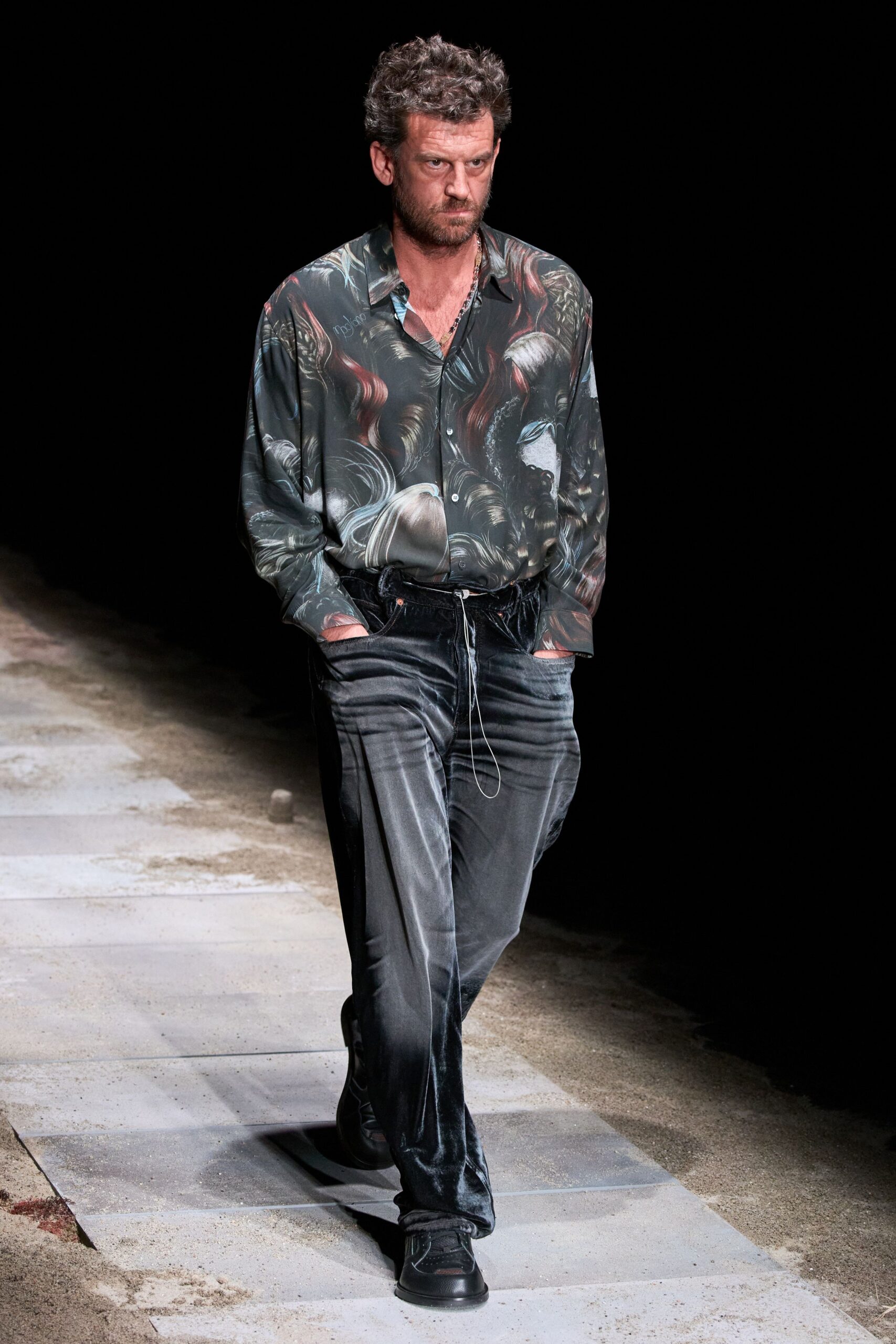 multi silk long-sleeve collared relaxed printed shirt