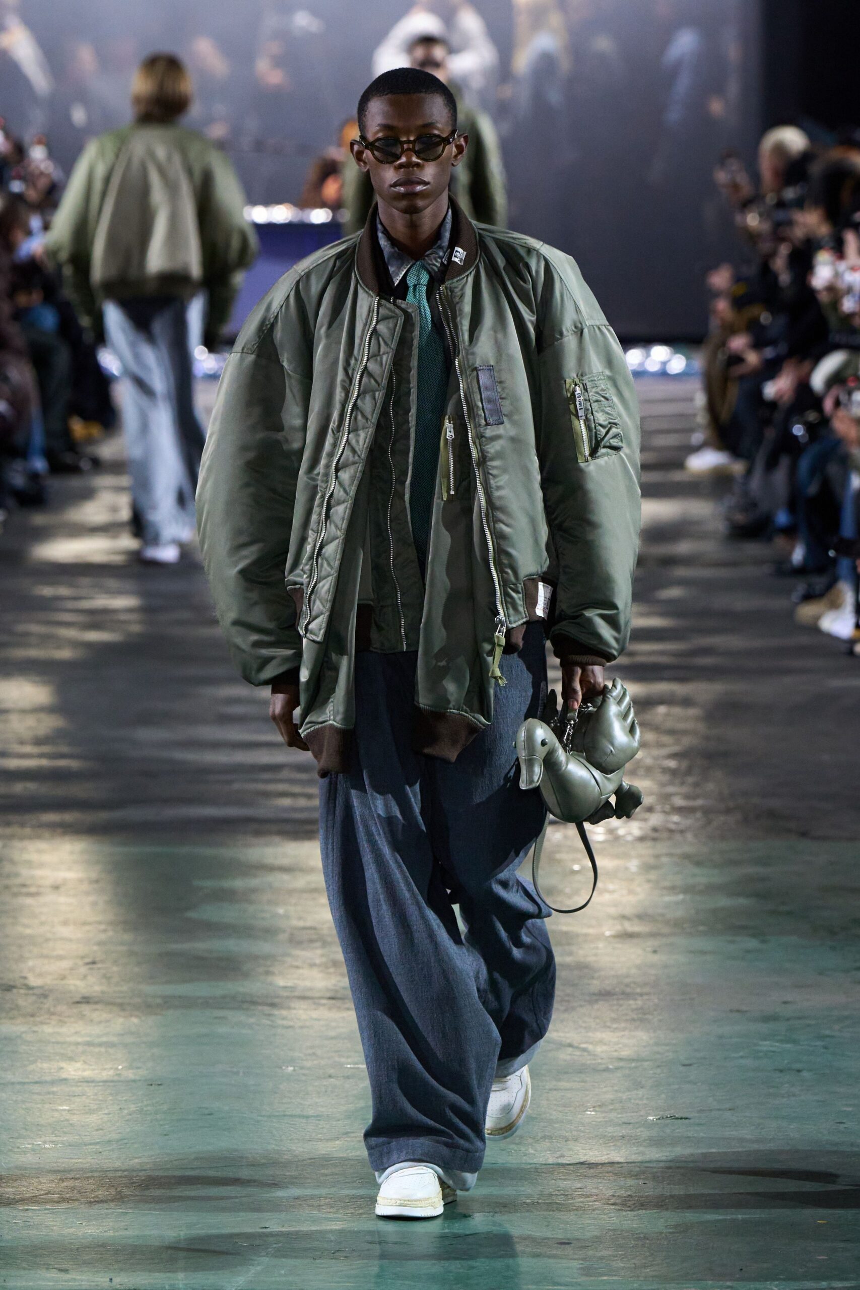 oversized green jacket with blue shirt