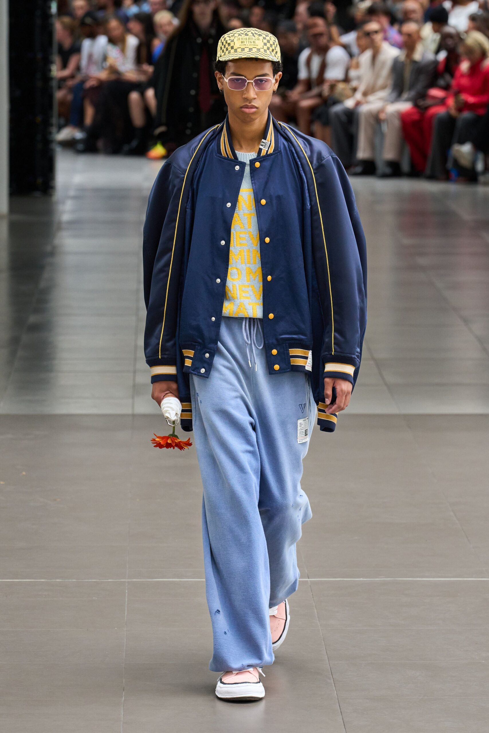 blue relaxed jacket with yellow t-shirt