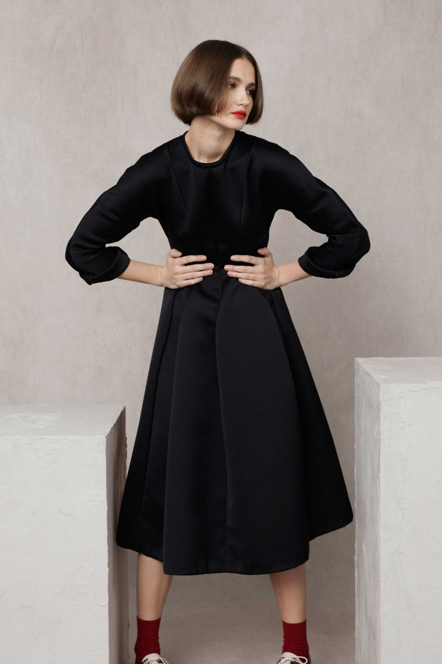 black silk midi dress with sneakers