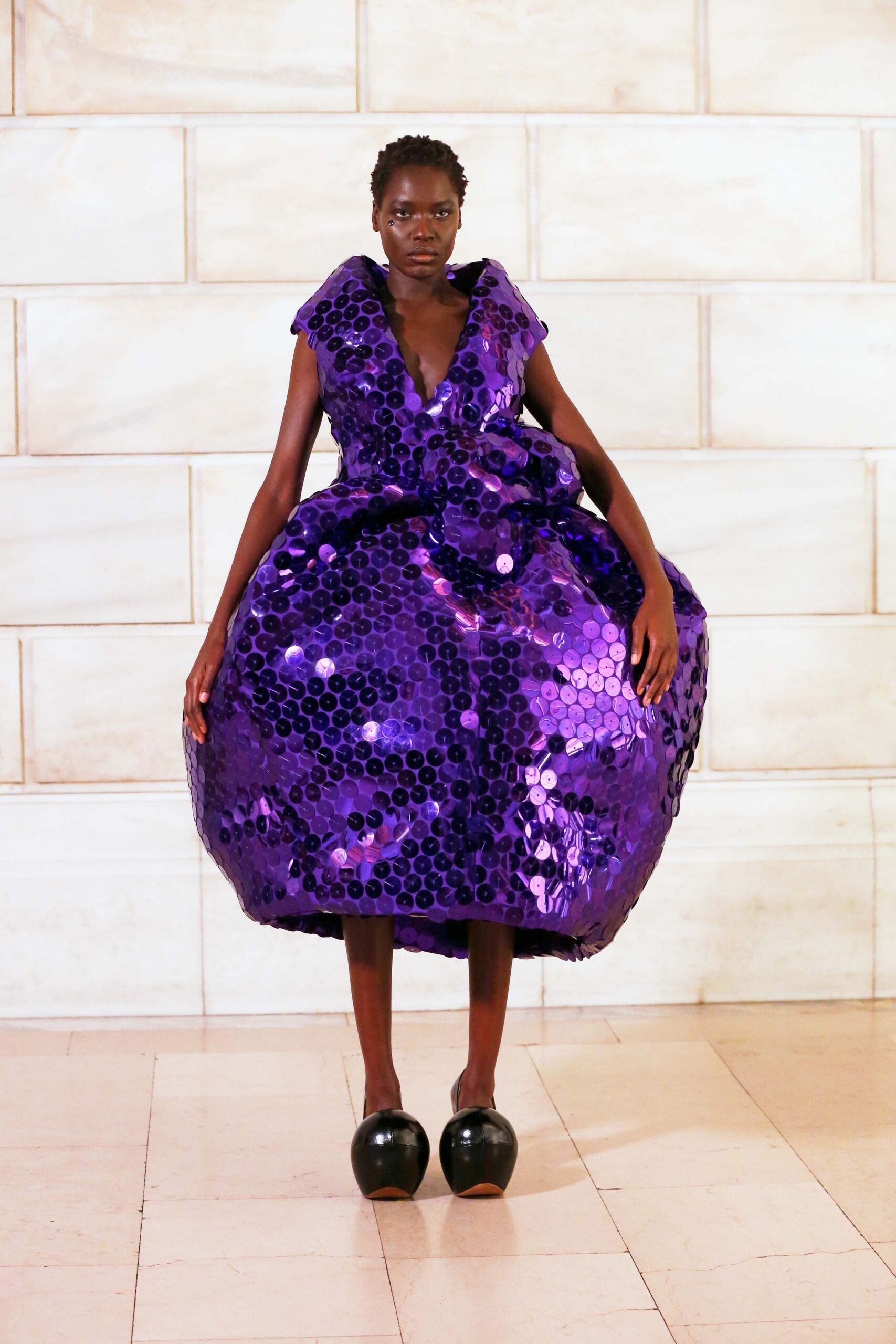 purple vinyl sleeveless v-neck relaxed embellished shiny dress