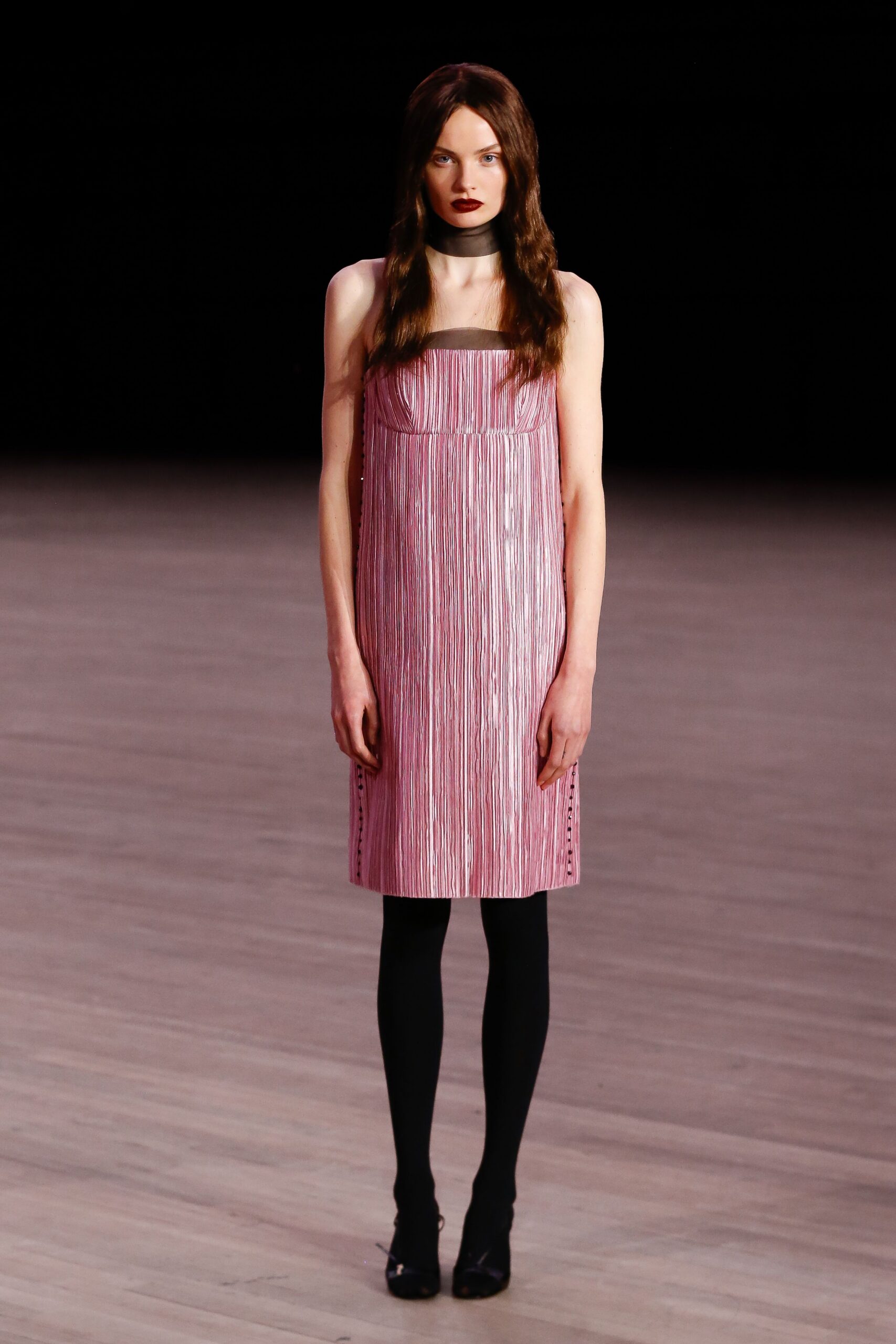 pink silk sleeveless square-neck fitted pleated mini dress