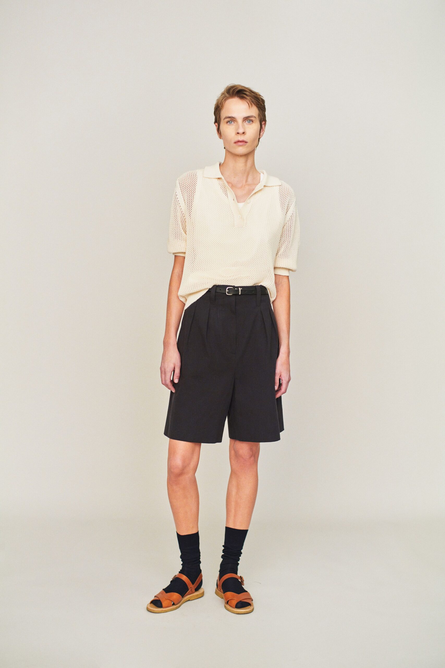 beige cotton short-sleeve collared relaxed textured top
