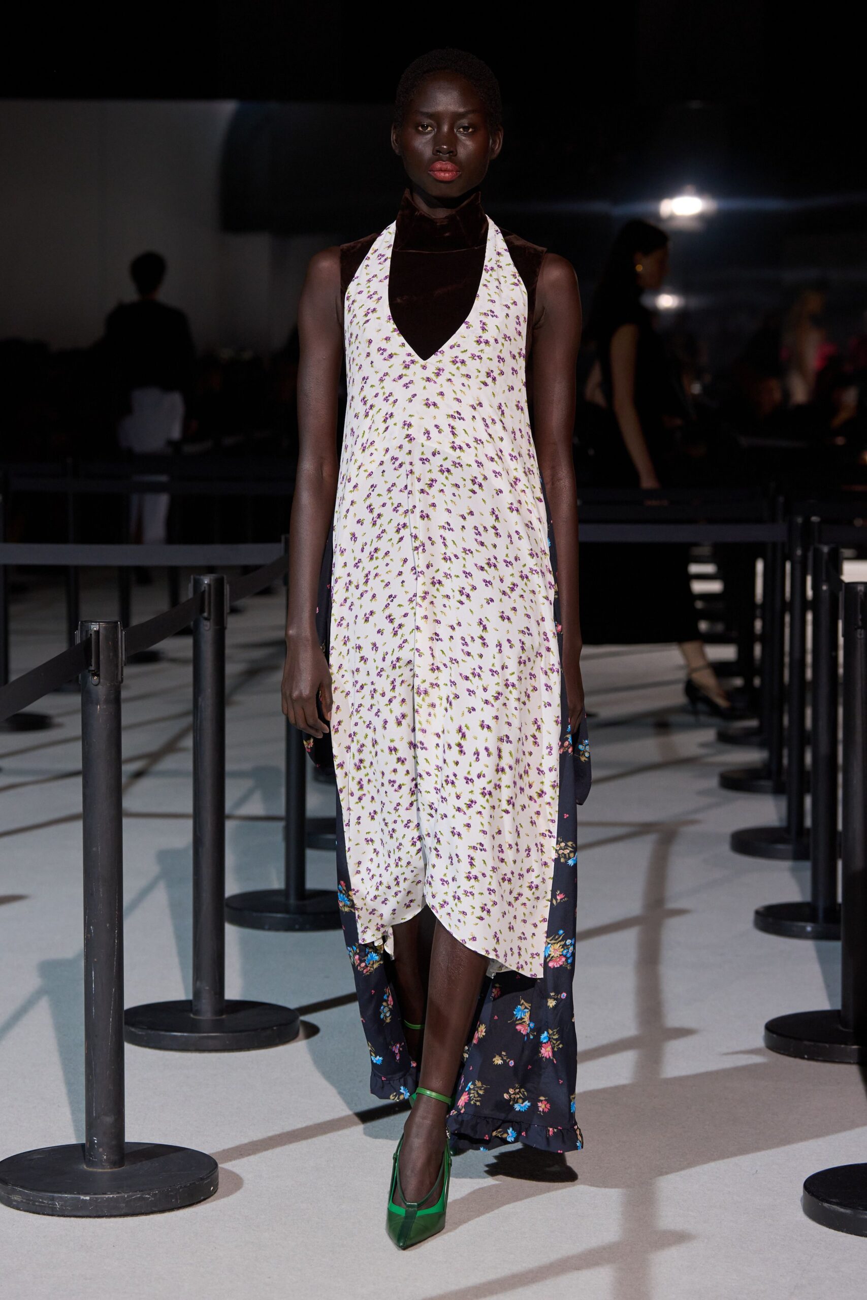 floral midi dress with green shoes