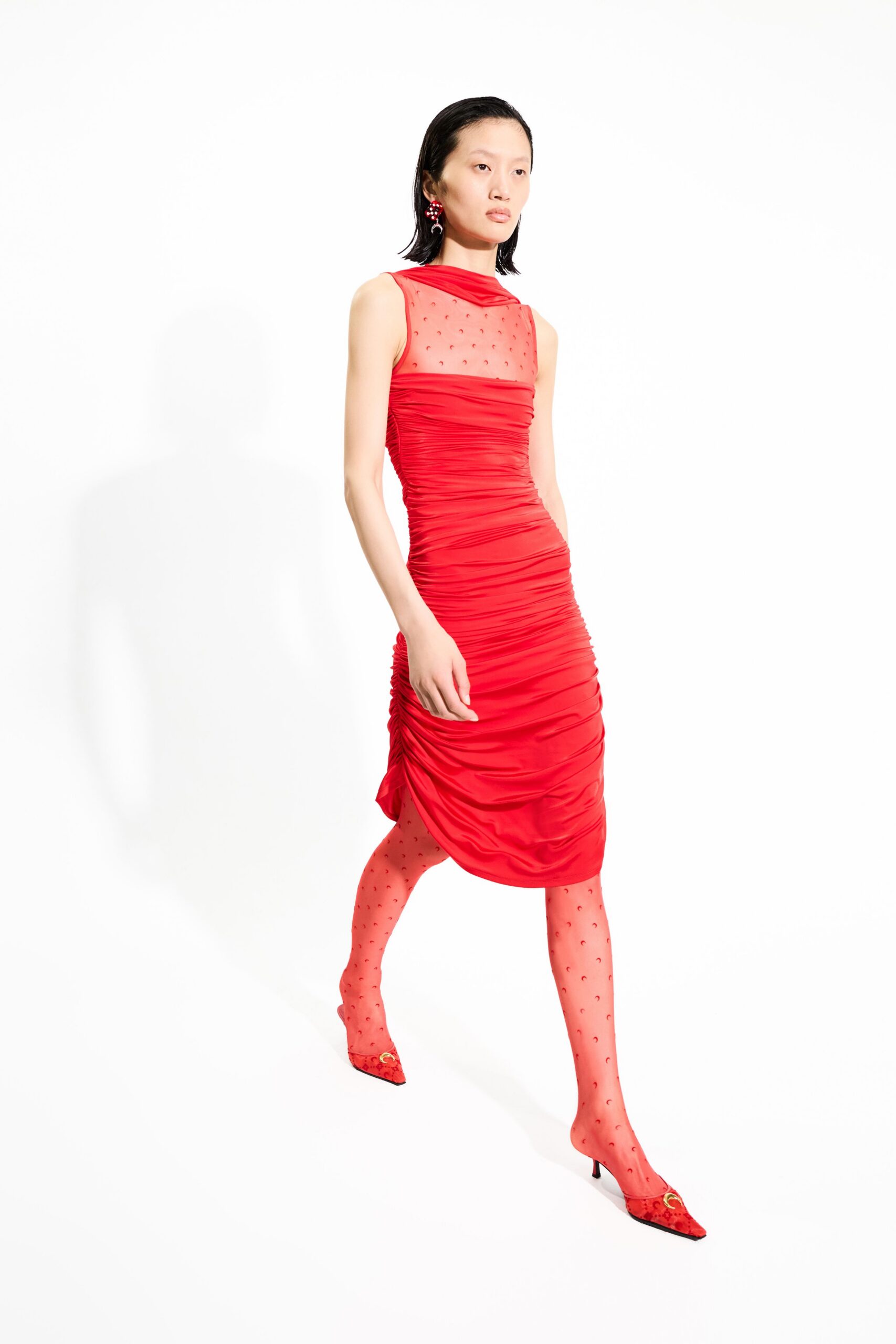red ruched midi dress with heels