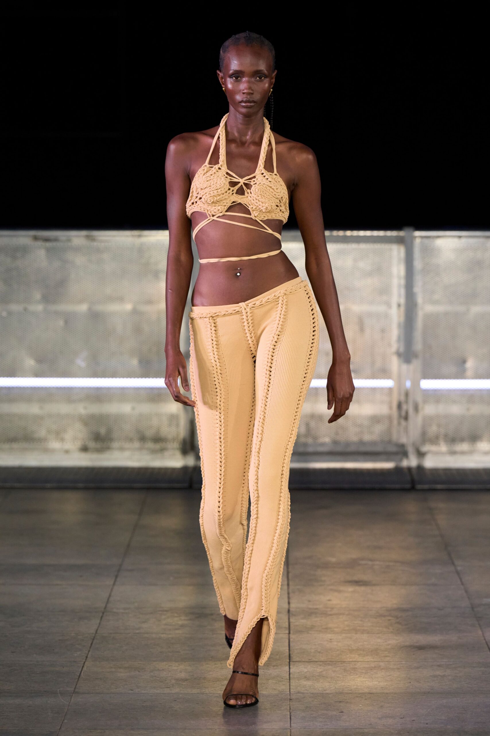 beige crochet sleeveless halter fitted cropped crop-top