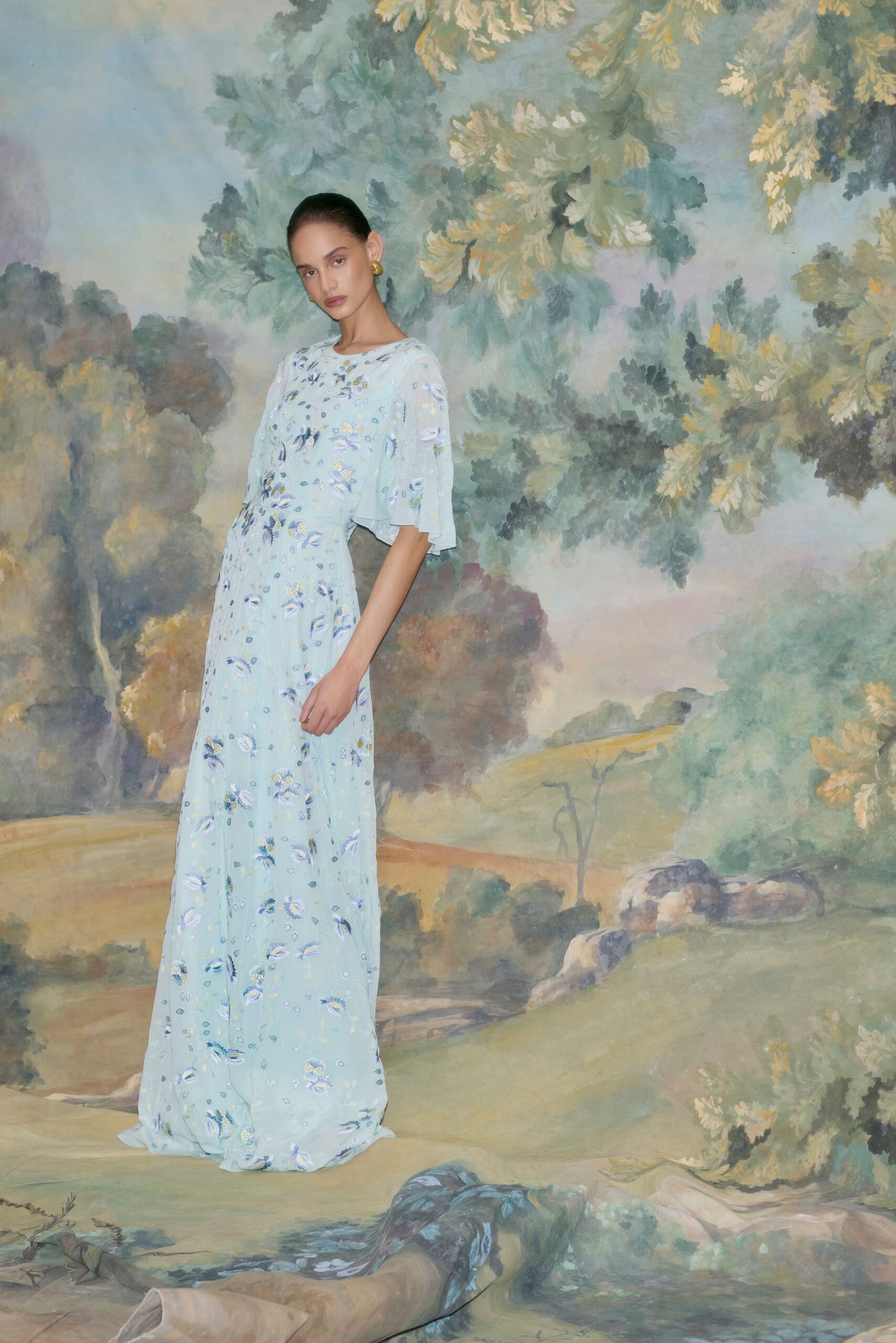 blue floral silk gown