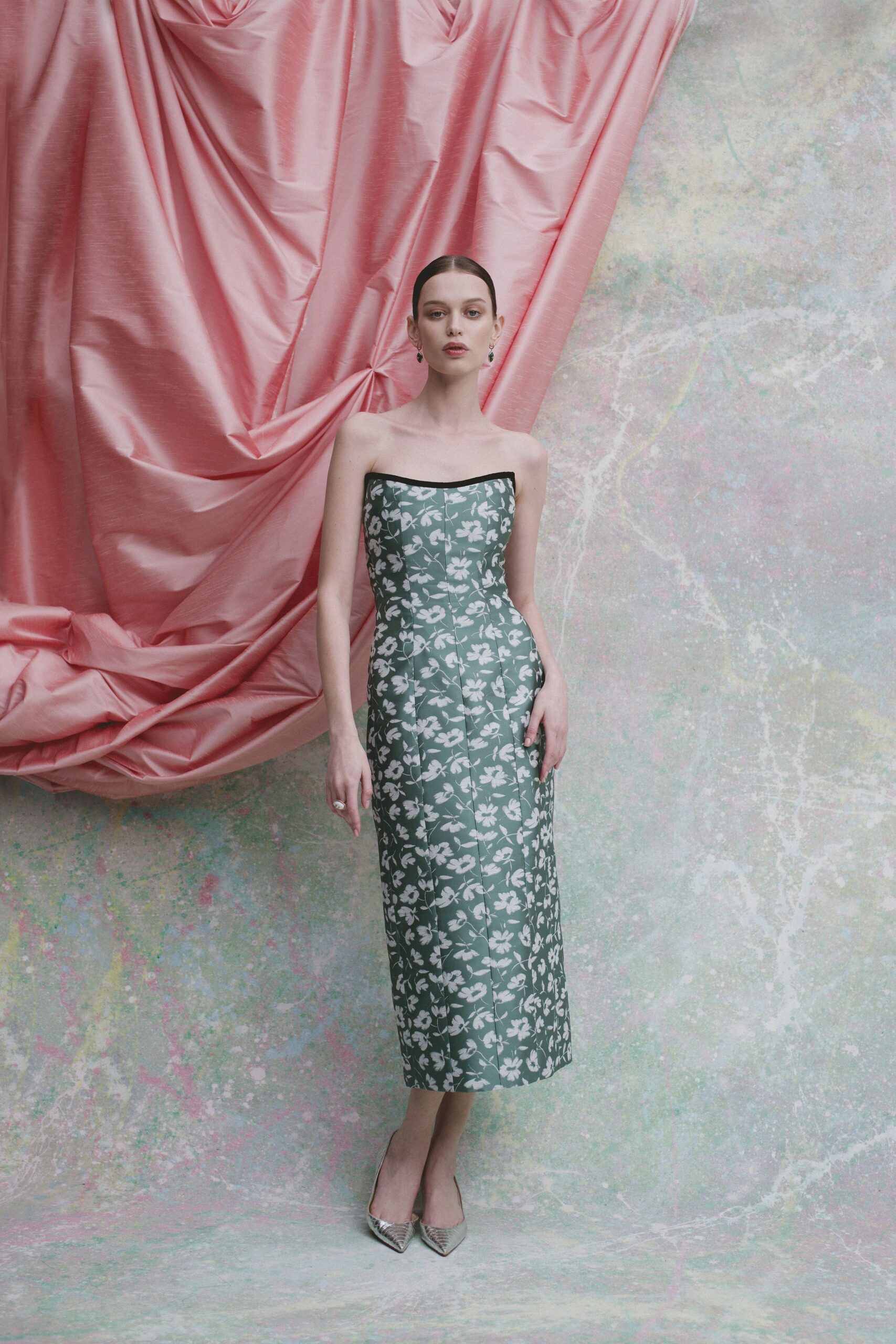 green silk strapless fitted floral straight-leg midi gown