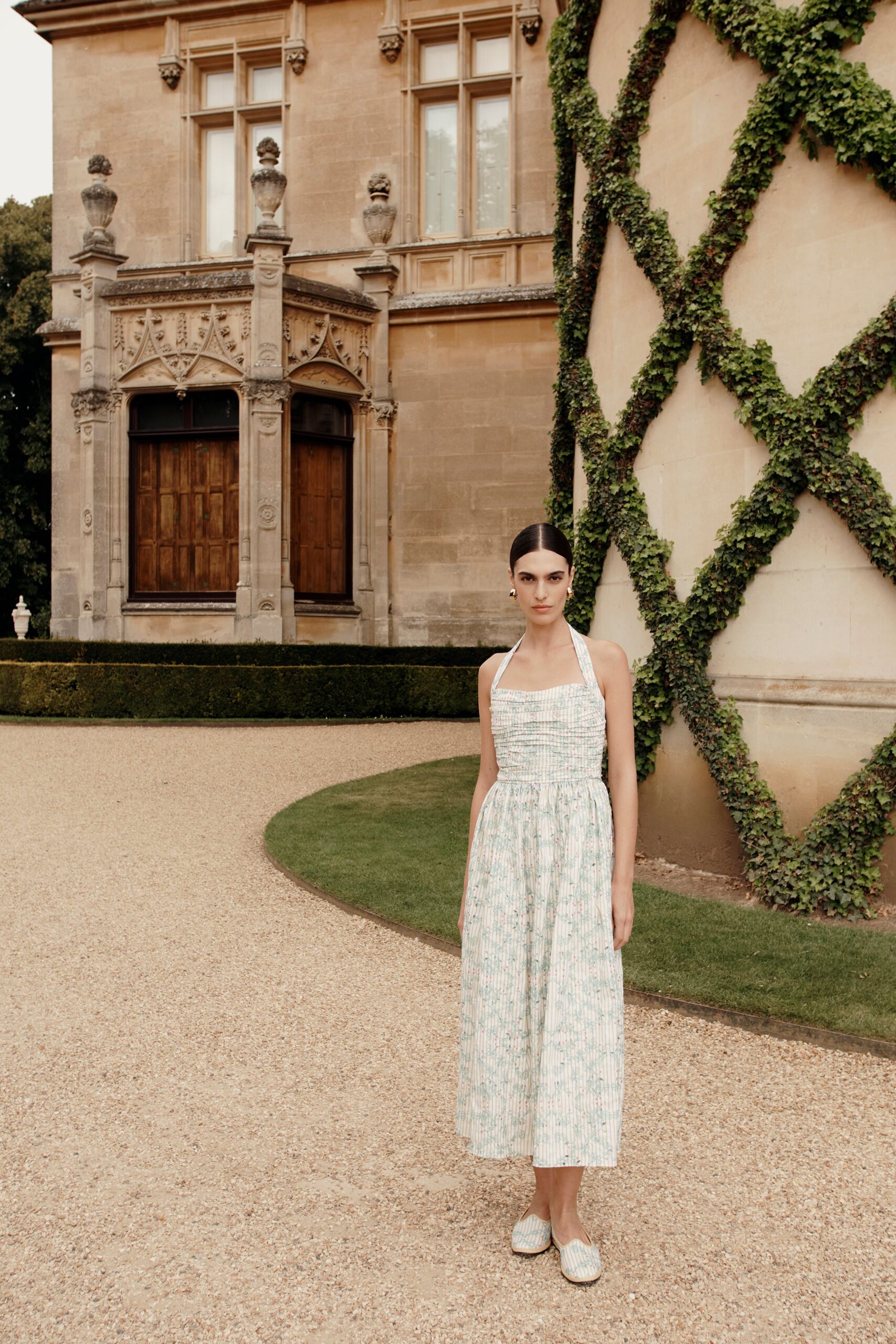 white and green printed midi dress