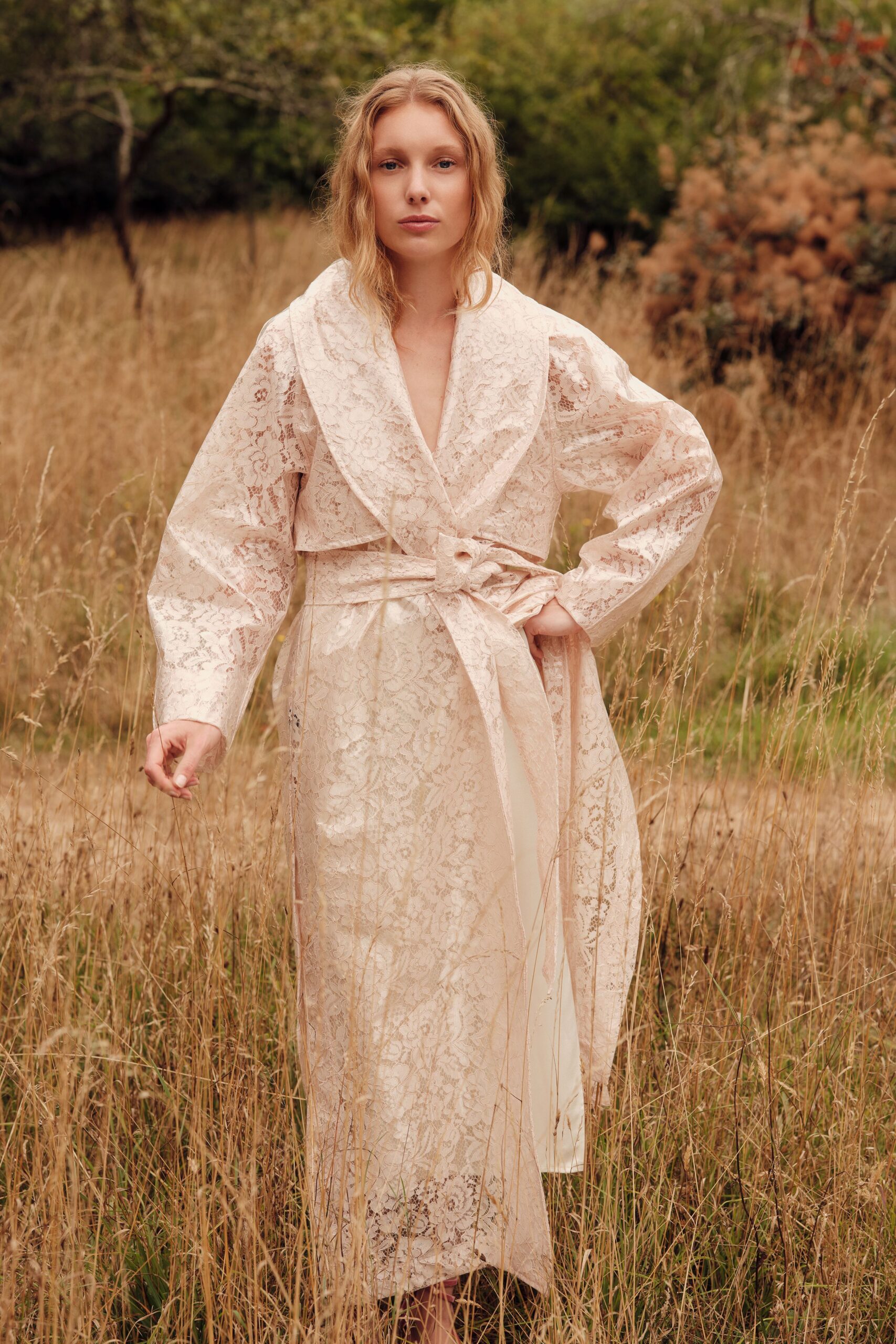 beige lace belted maxi dress