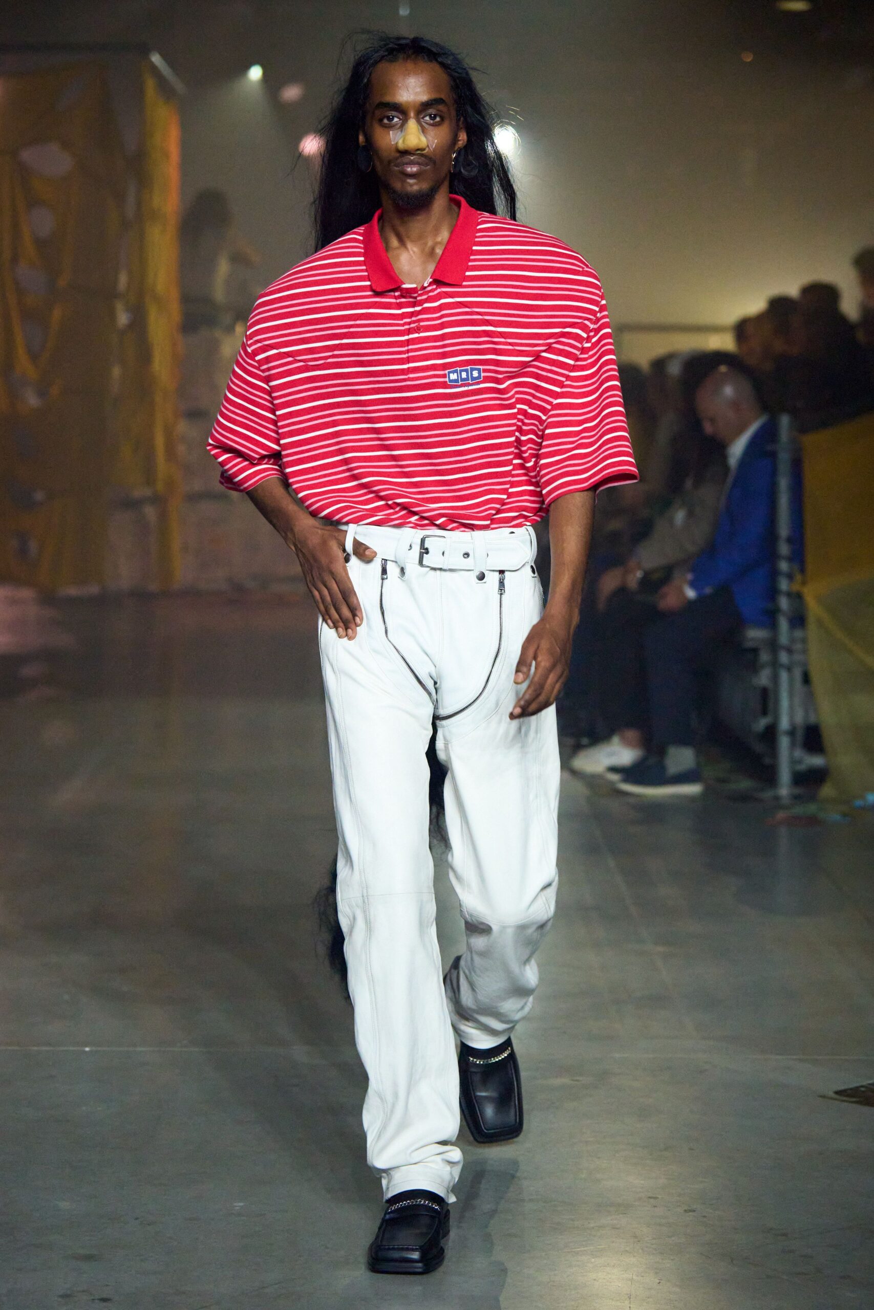 red and white striped shirt with white pants