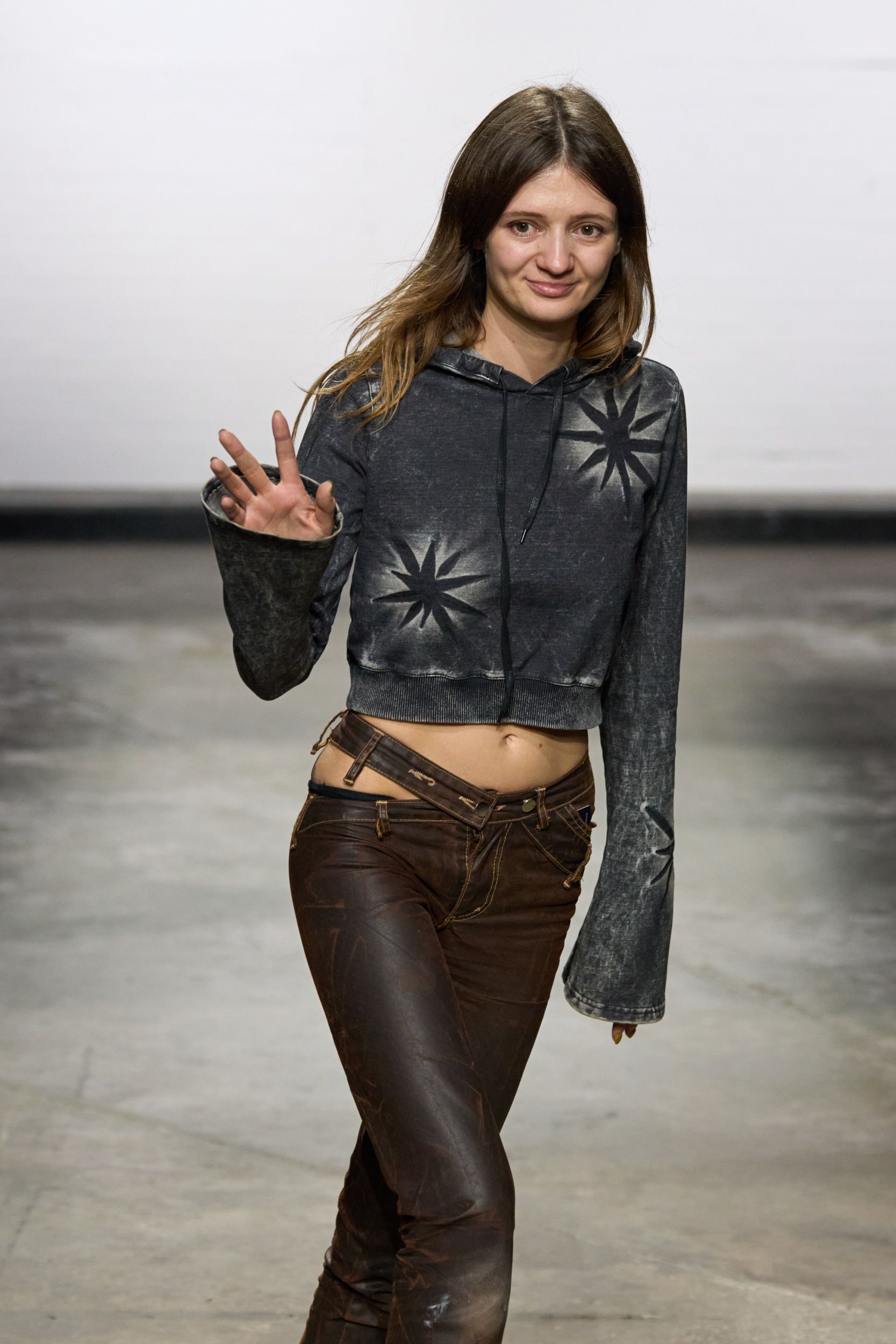 brown denim fitted straight-leg pants