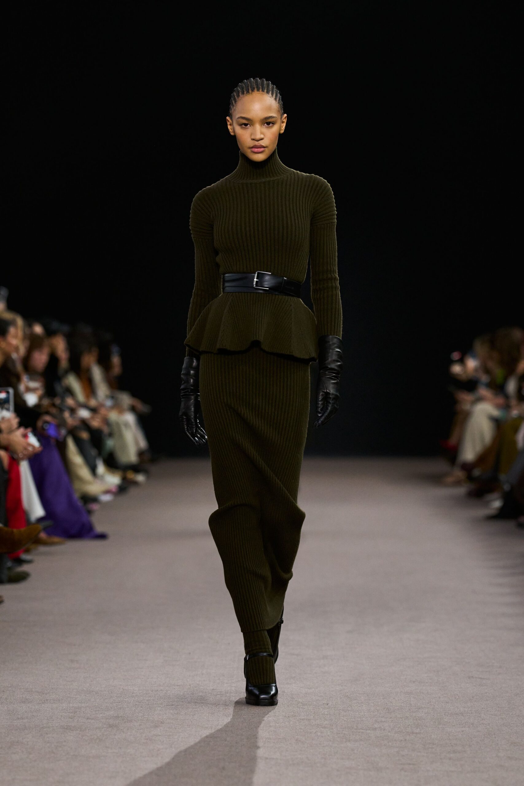 green knit long-sleeve turtleneck fitted pleated midi dress