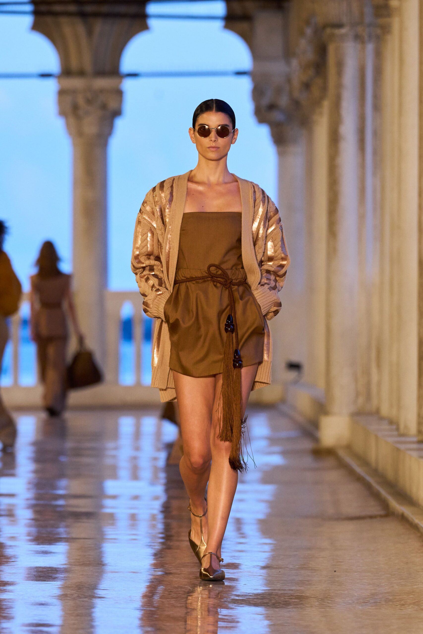brown fitted romper with gold cardigan