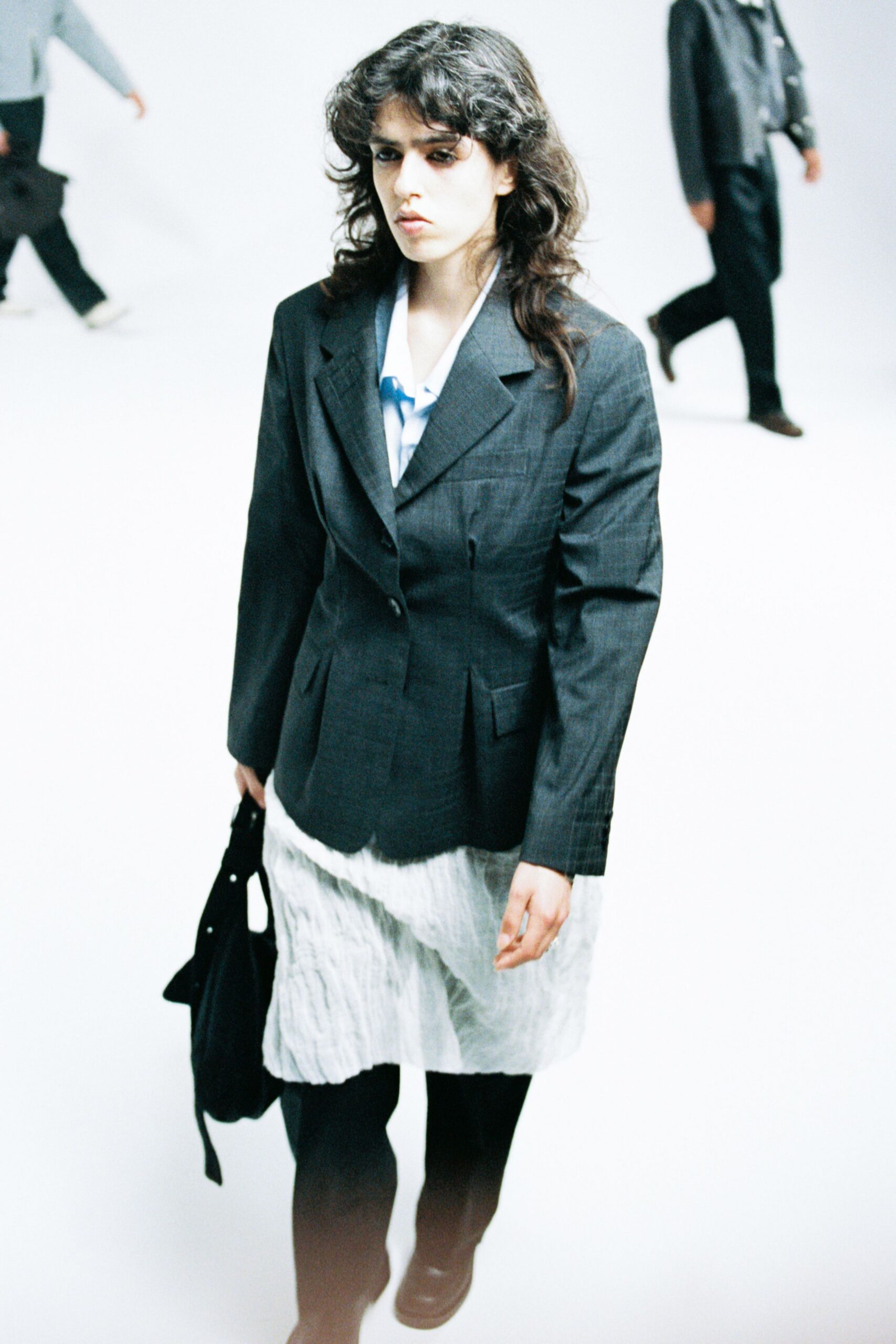 gray tailored blazer with white dress