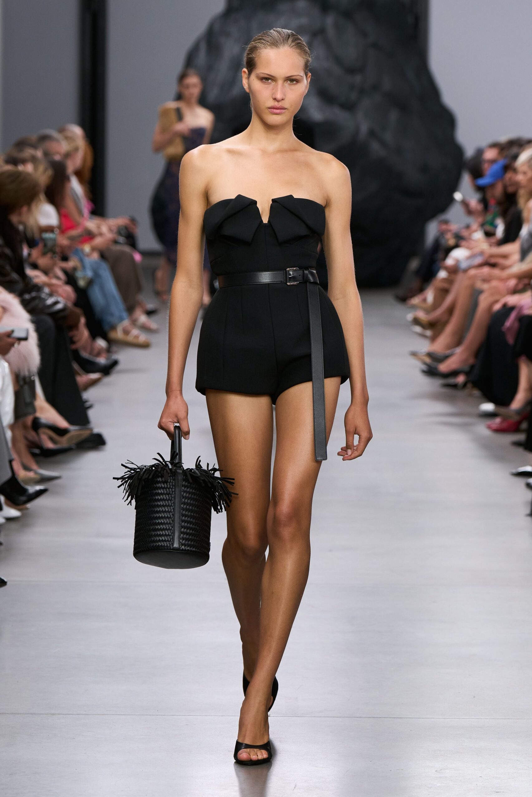 black cotton strapless fitted pleated belted romper