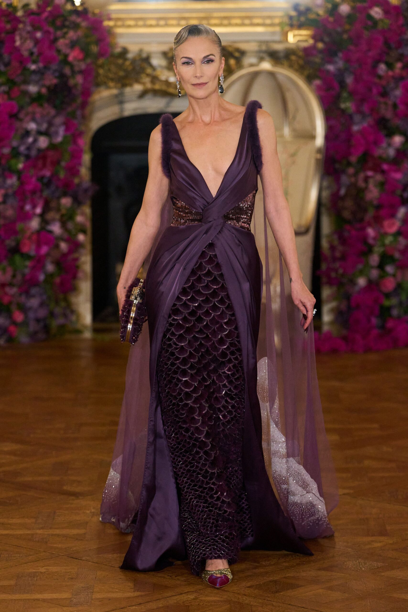 purple silk sleeveless gown