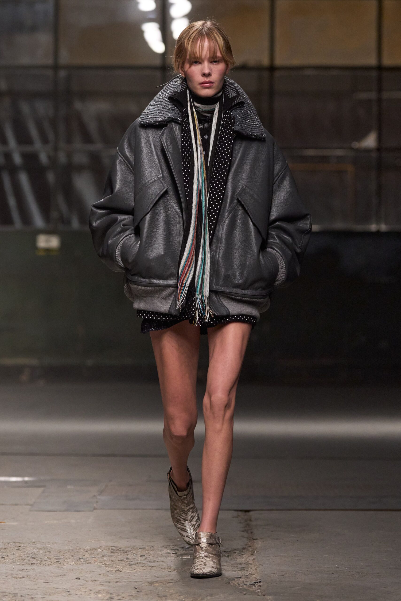 gray leather long-sleeve collared oversized zippered jacket