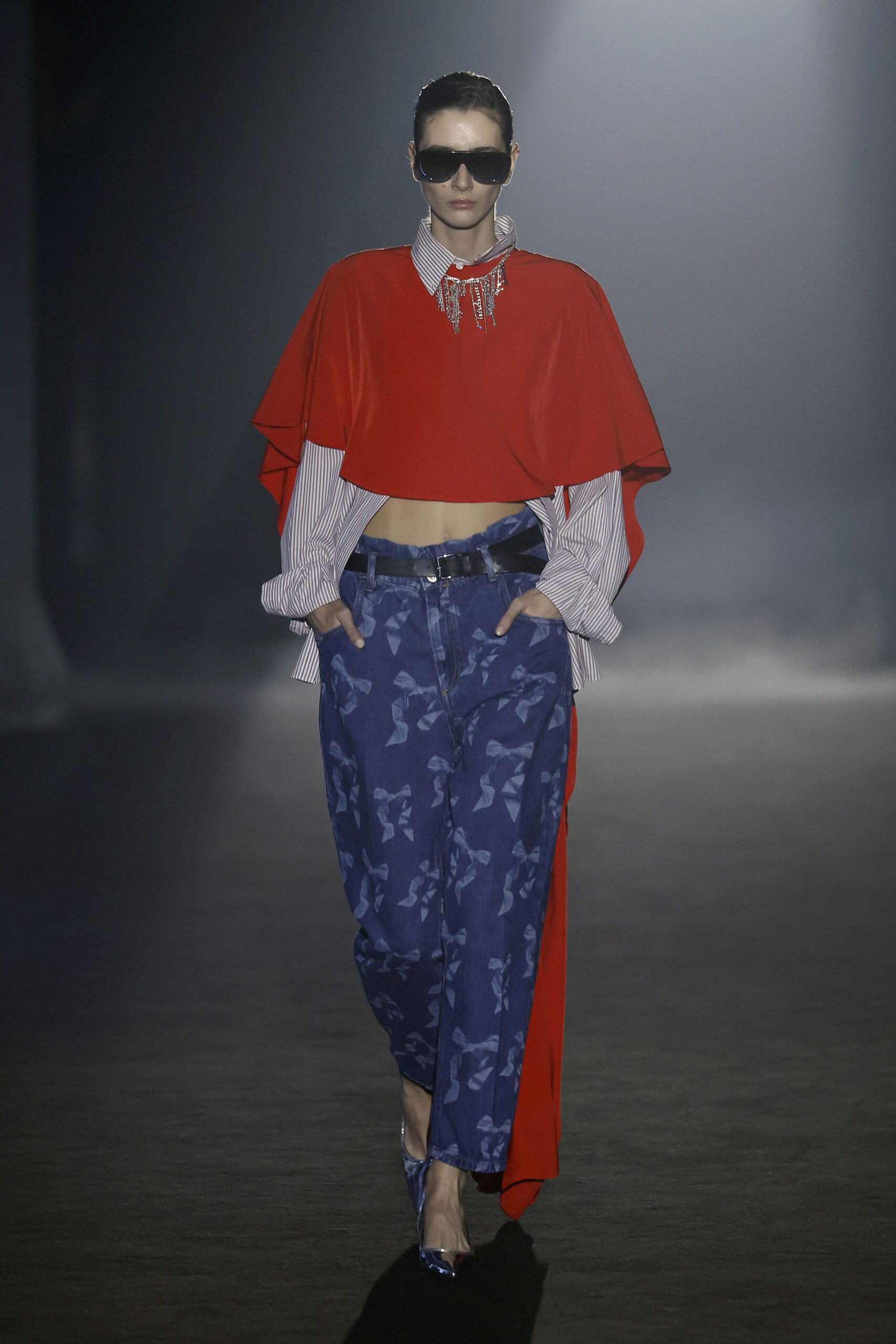 red long-sleeve collared fitted layered top