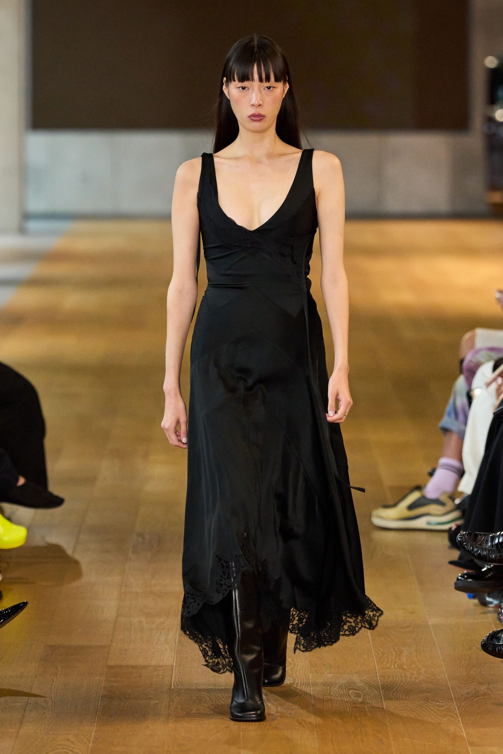 black silk midi dress with boots