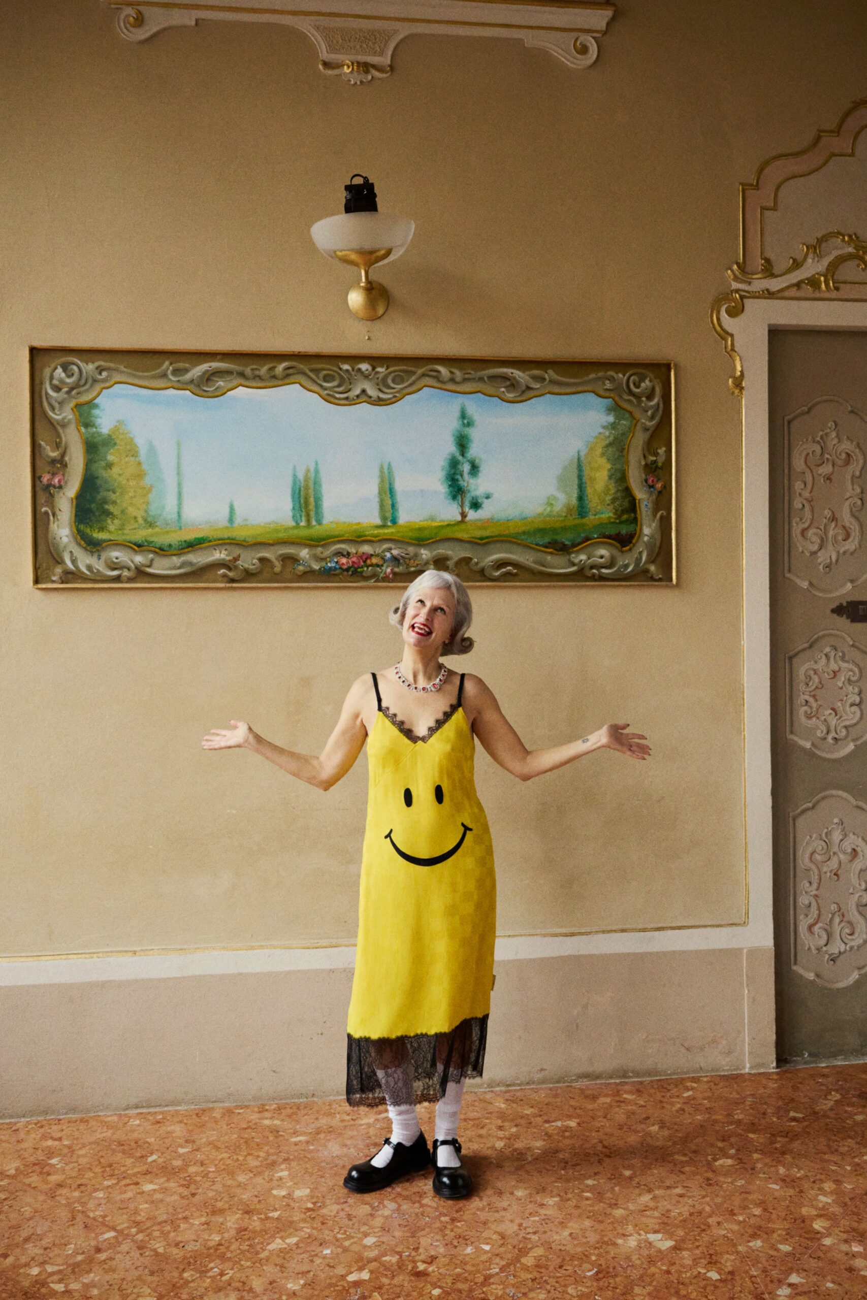 yellow cotton sleeveless v-neck relaxed printed midi dress