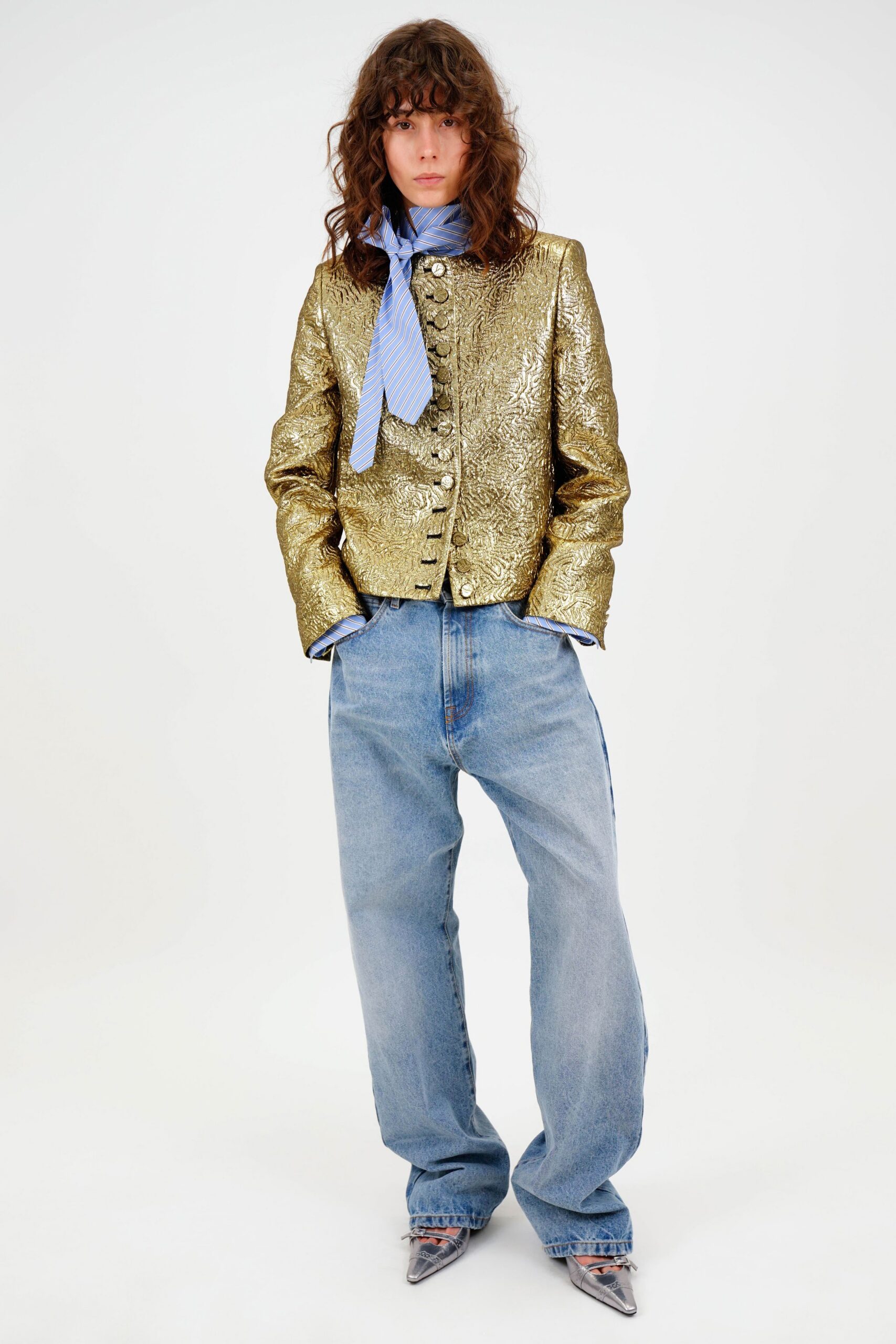 gold metallic long-sleeve collared structured embroidered buttoned jacket