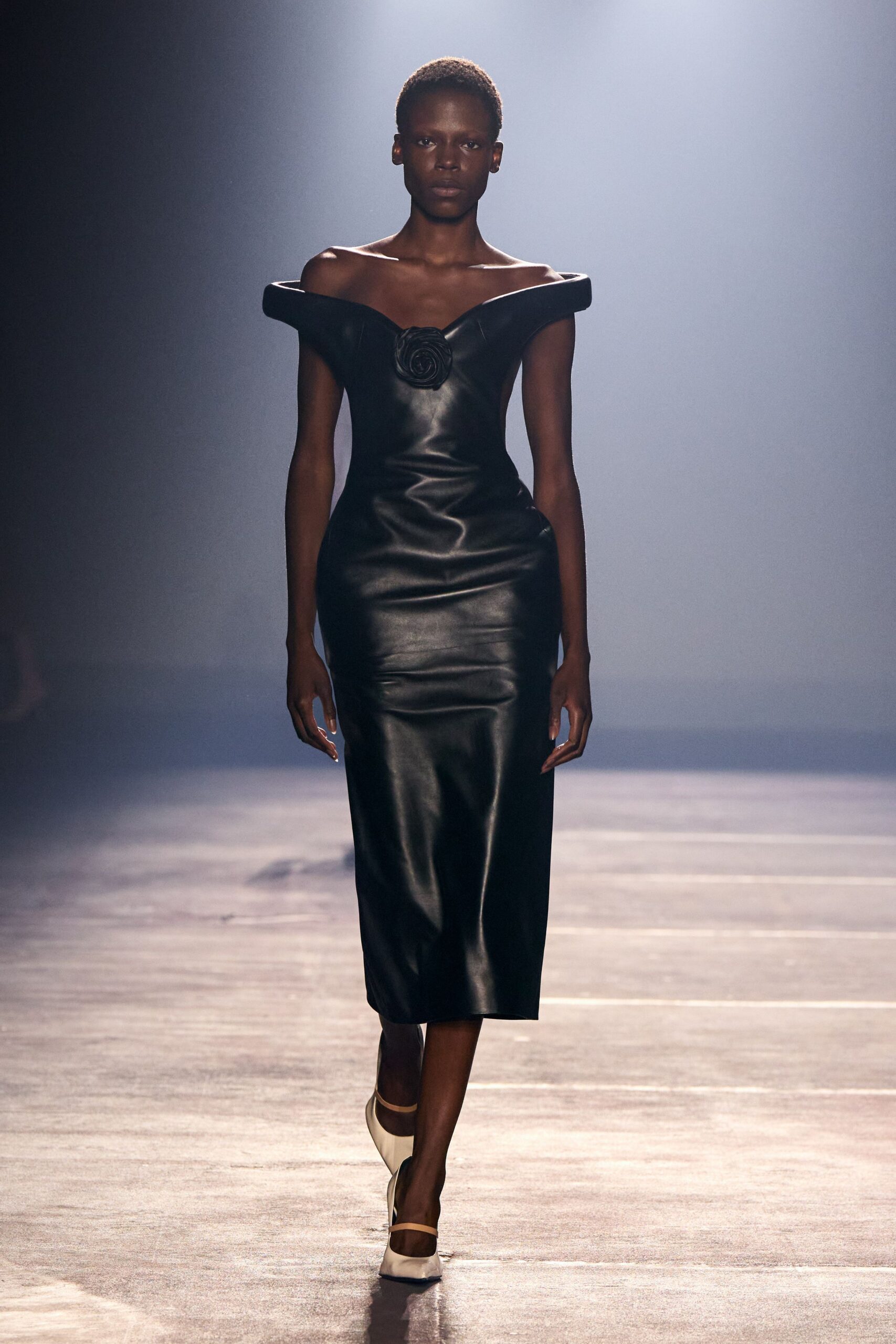 black leather off-shoulder v-neck fitted pencil midi dress