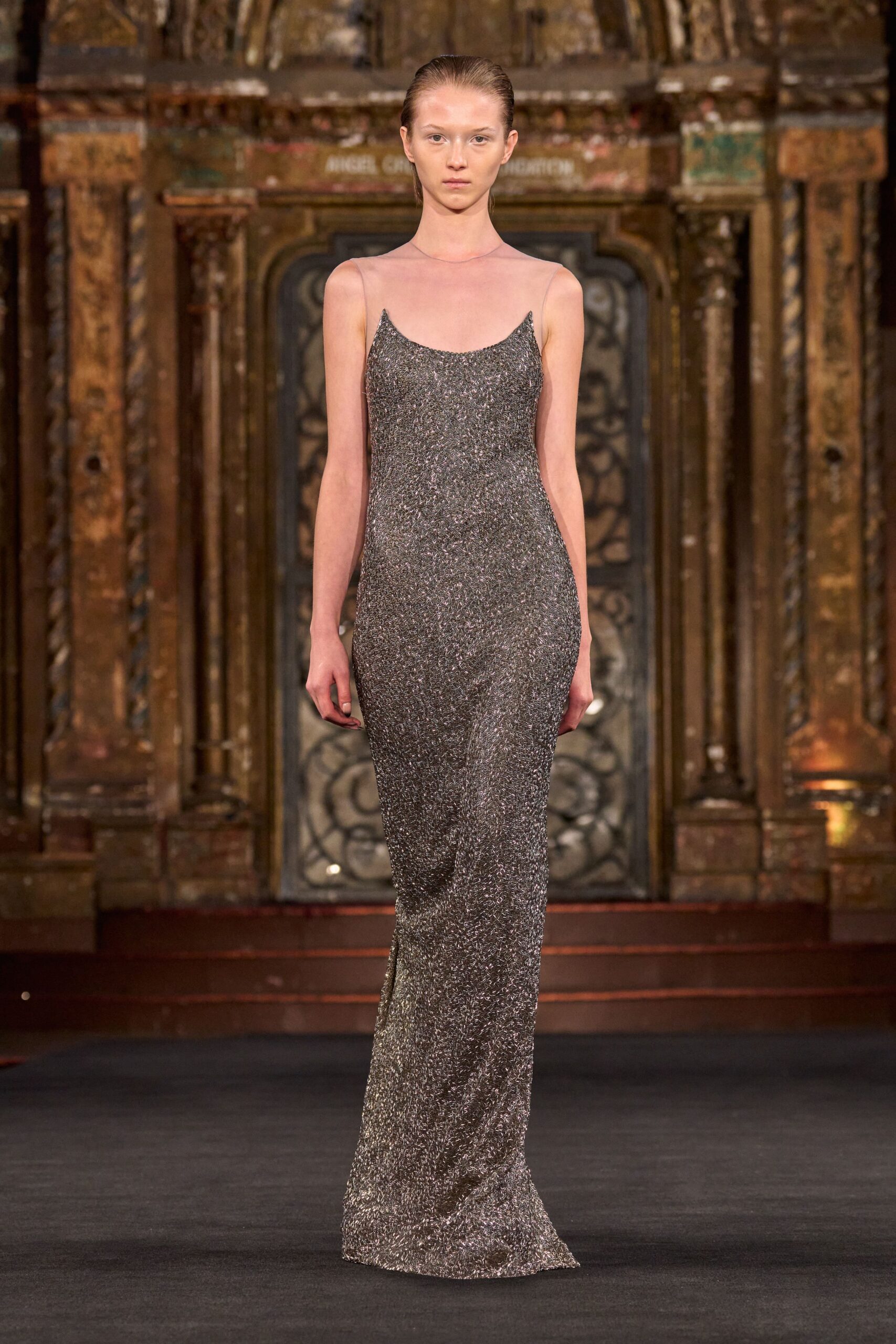 silver metallic sleeveless gown