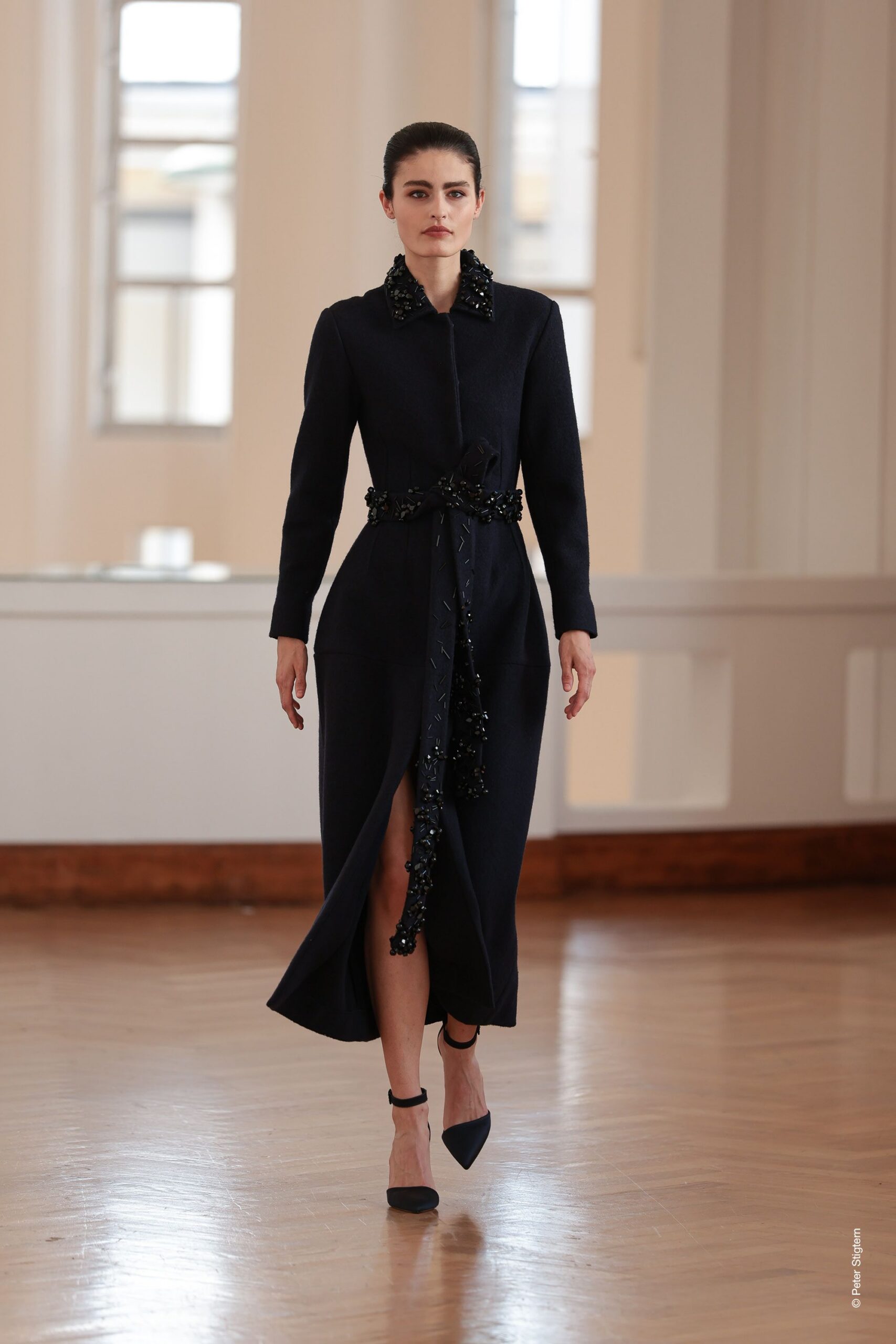 black wool long-sleeve collared fitted belted embroidered dress