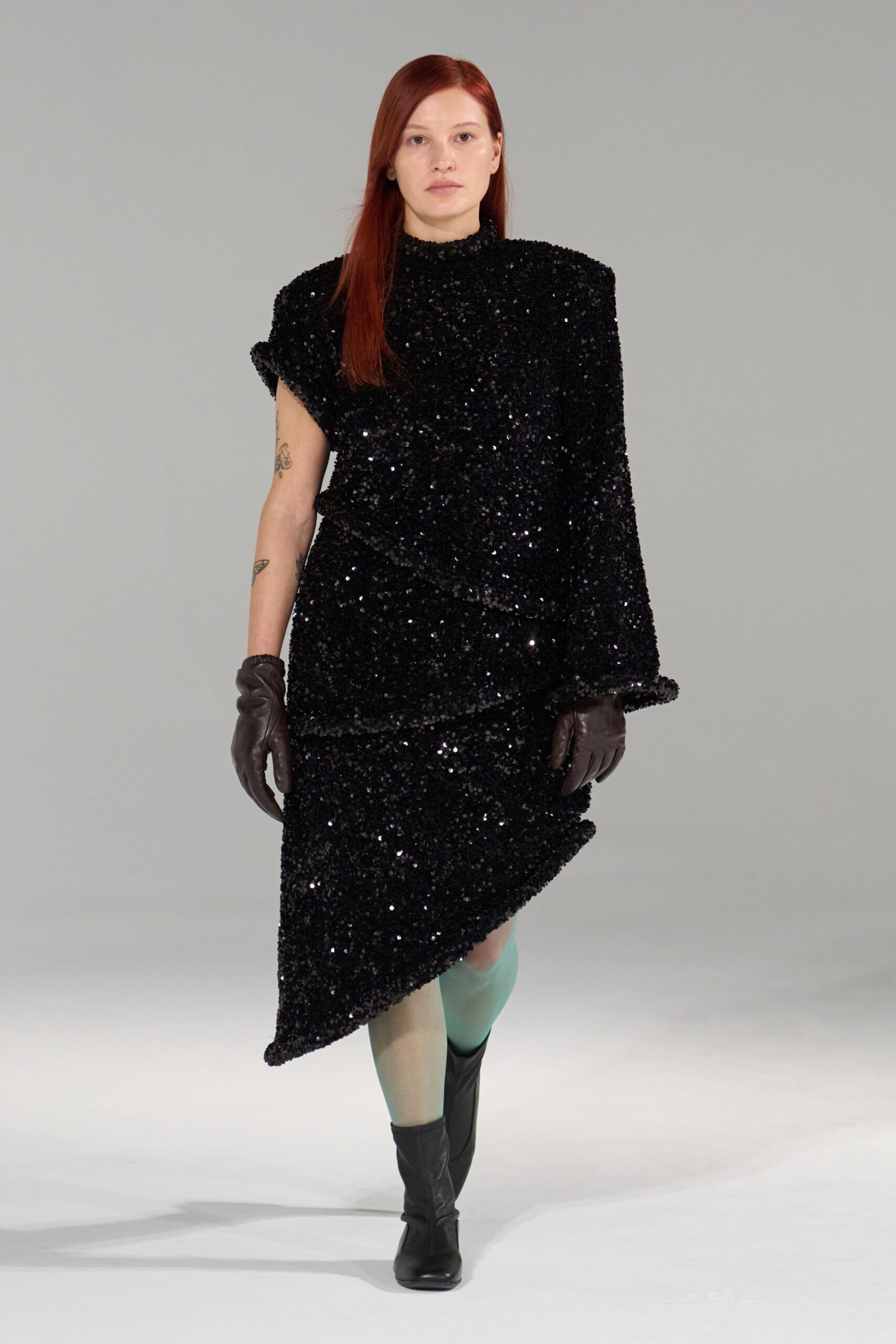 black sequin long-sleeve high-neck fitted draped shiny dress