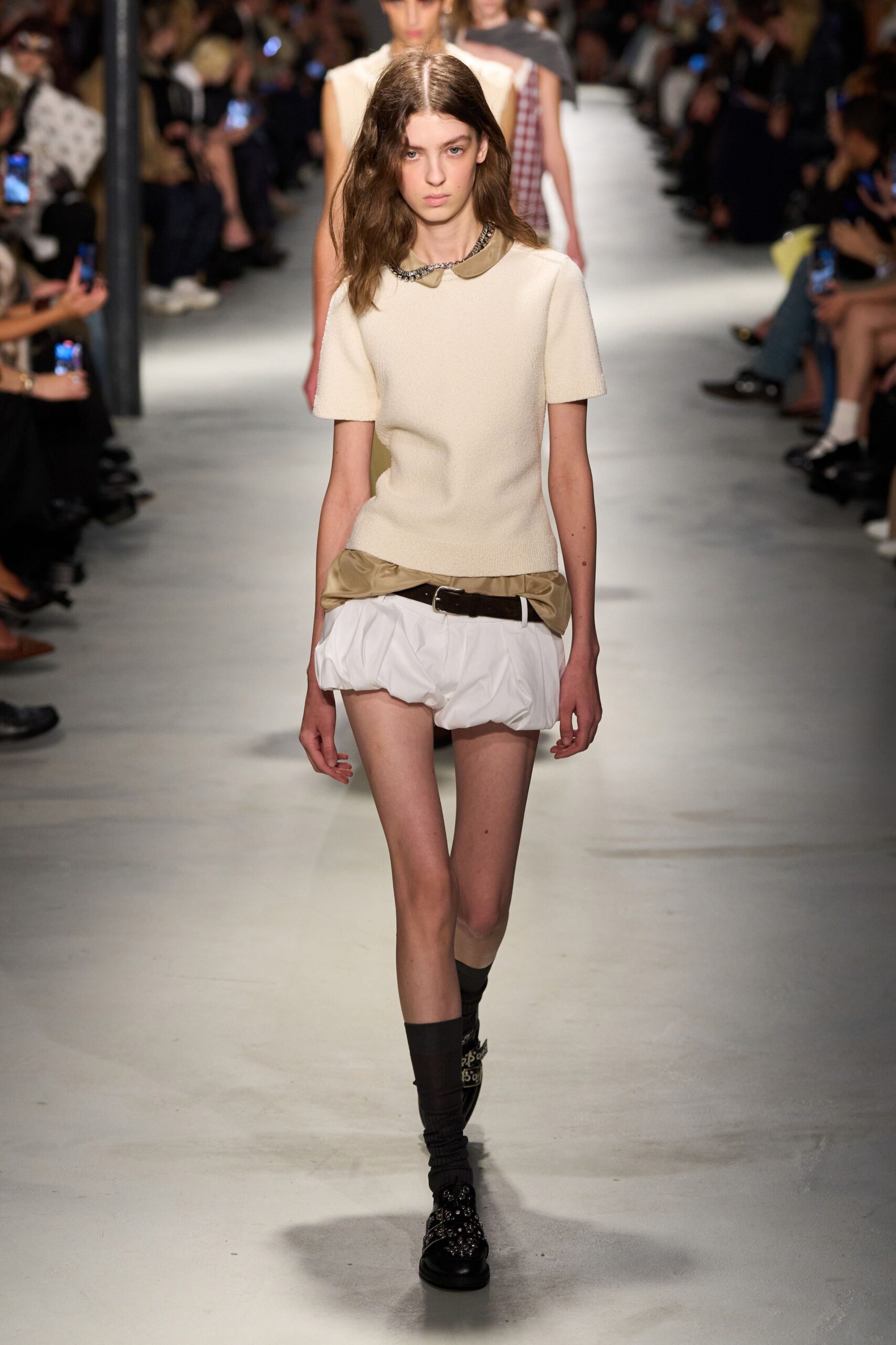 cream fitted top with white skirt