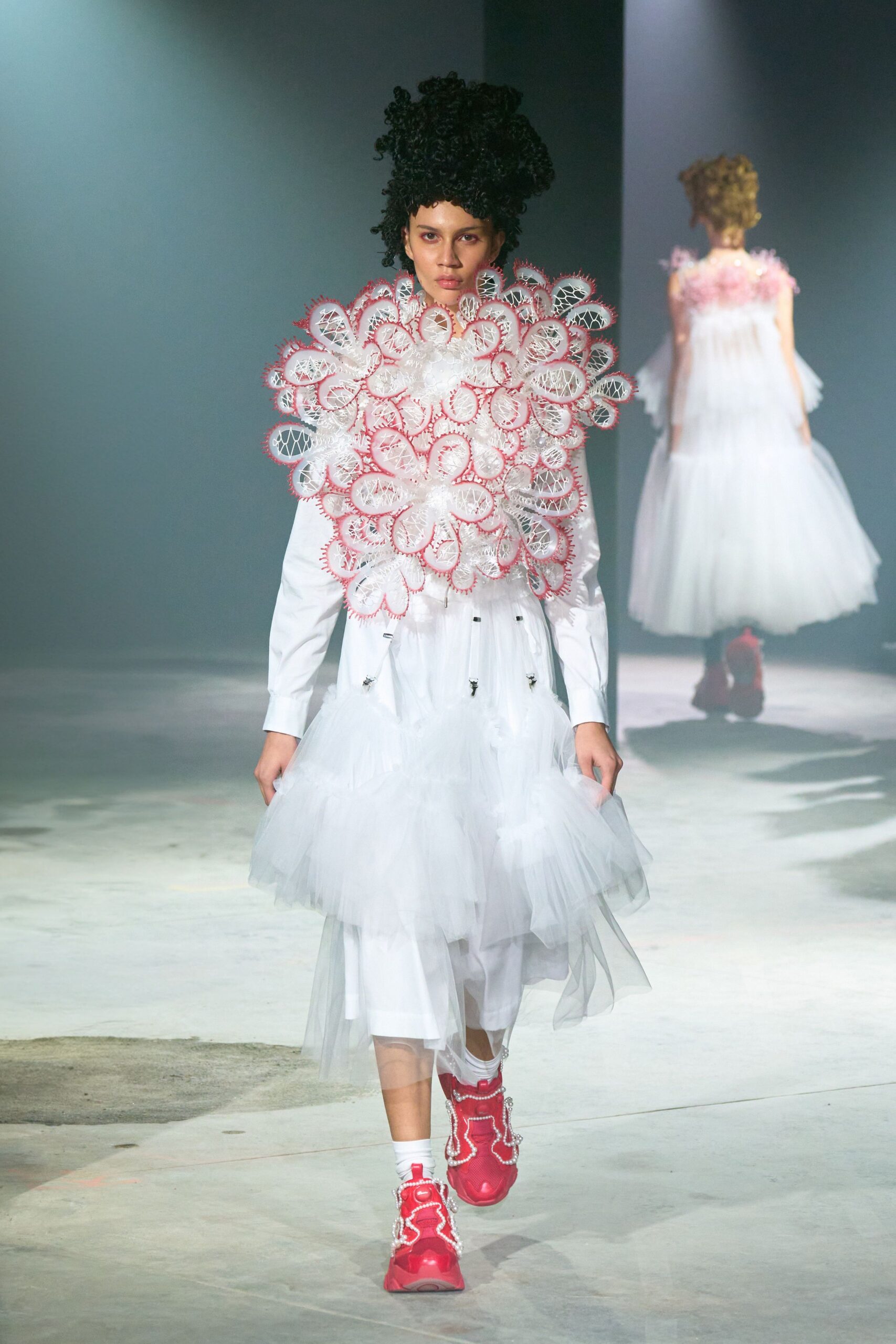 white tulle long-sleeve collared relaxed layered ruffled dress