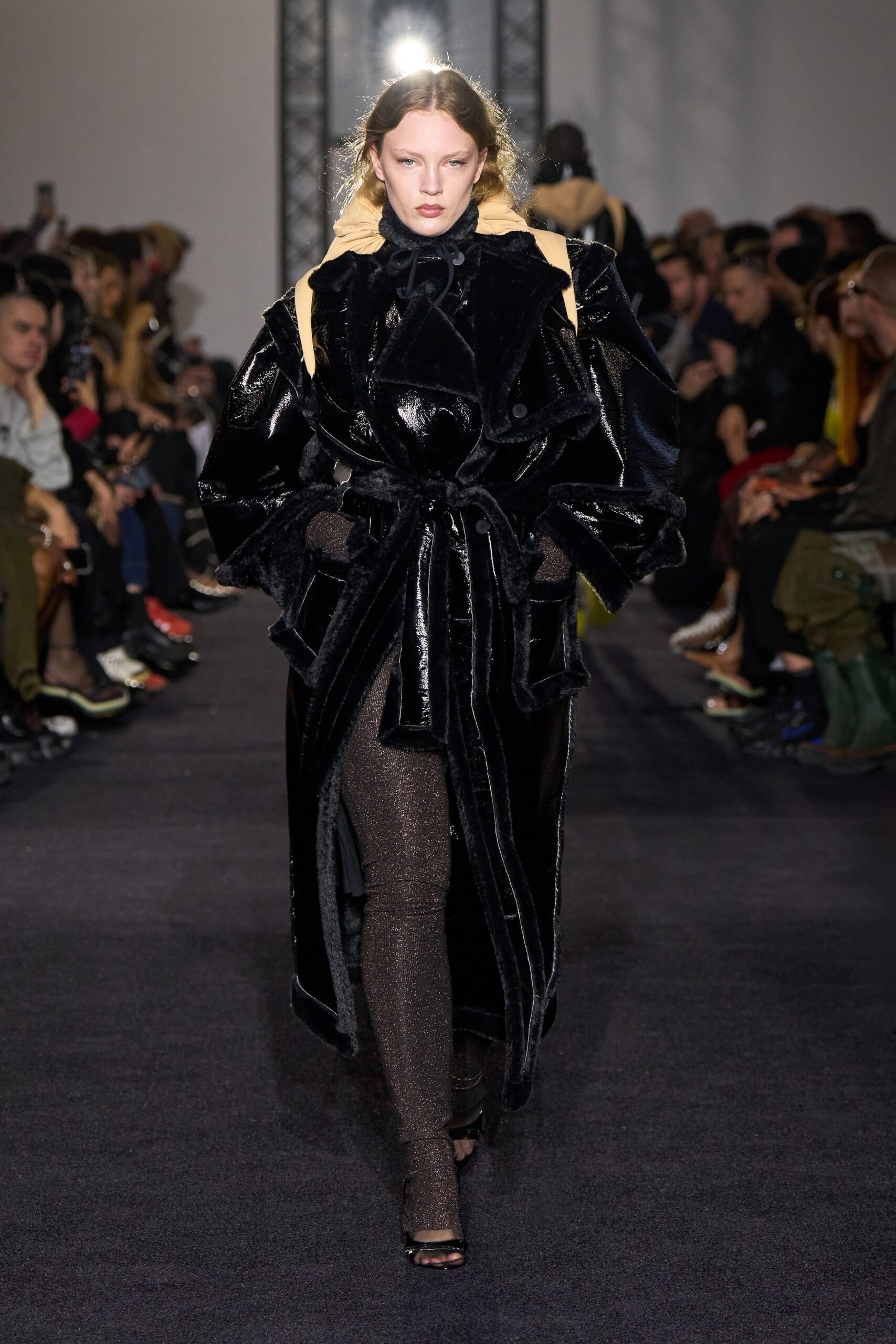 black velvet long-sleeve collared fitted belted ruffled coat