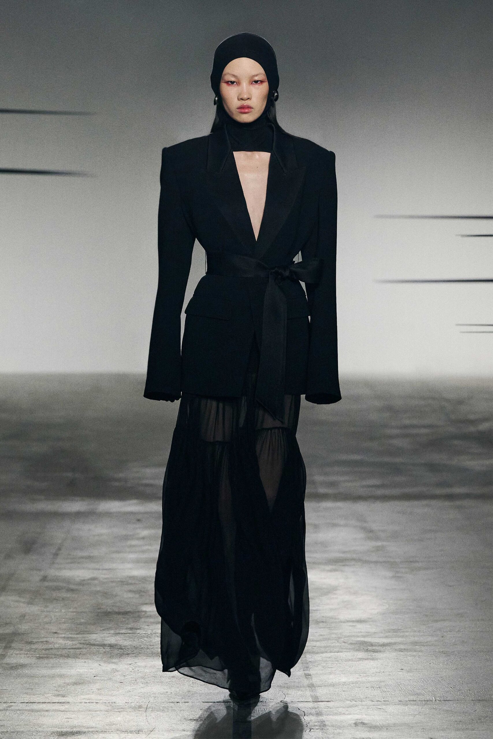 black silk long-sleeve collared structured belted blazer