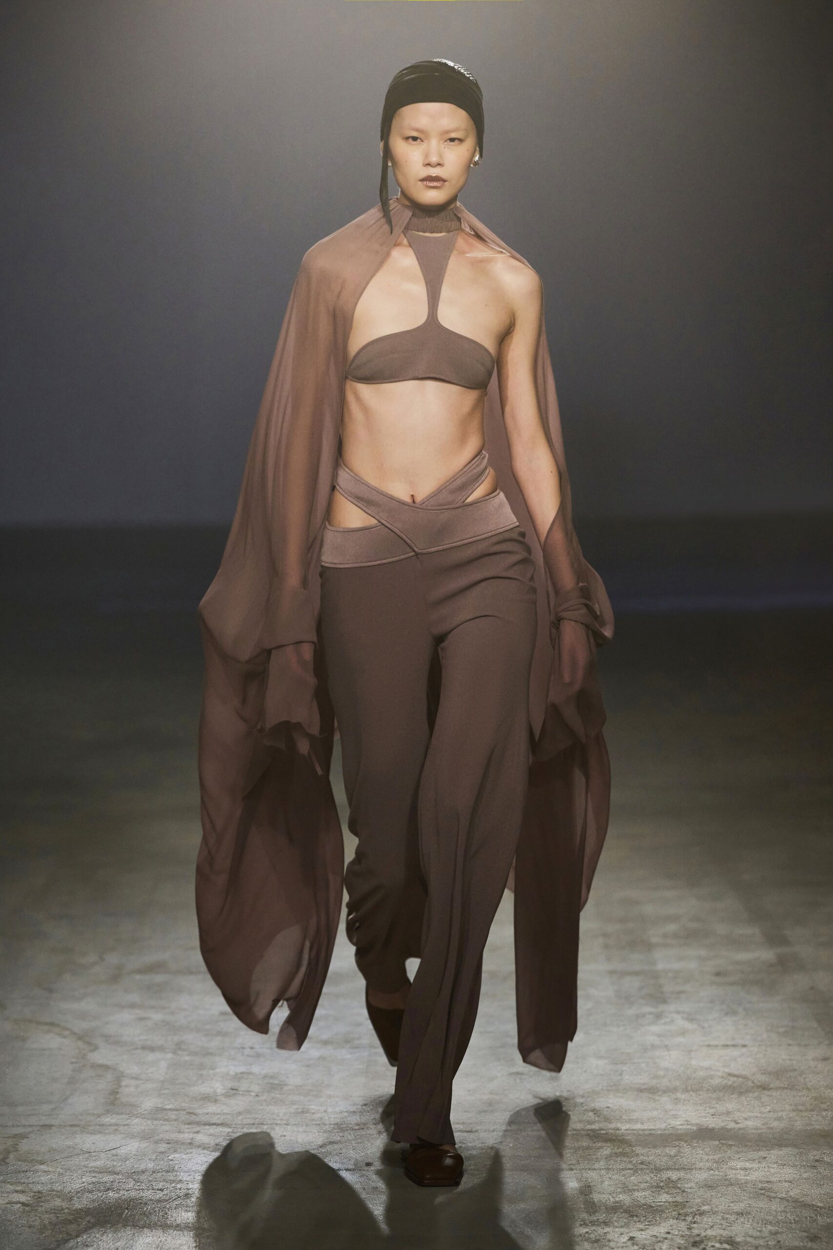 brown silk fitted flared pants