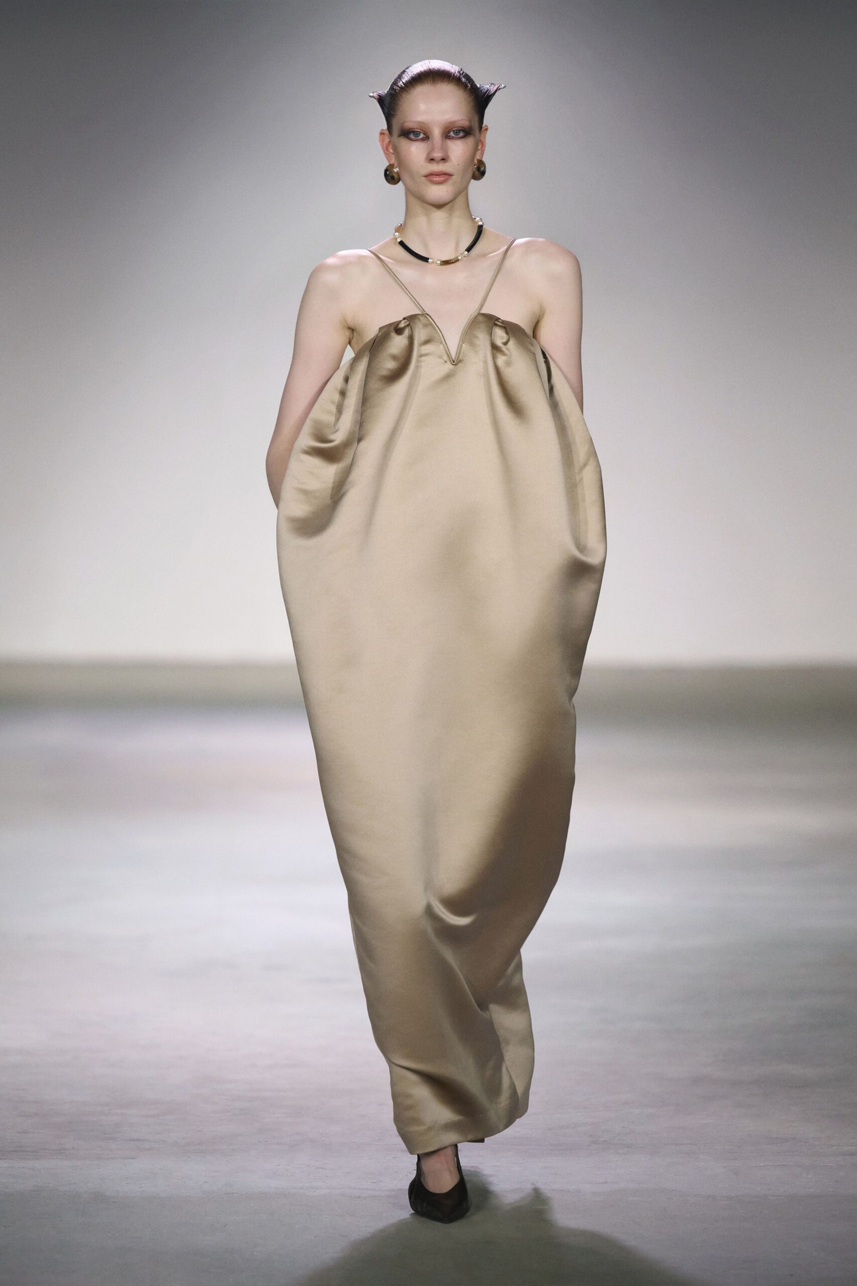 beige silk sleeveless v-neck relaxed draped maxi gown