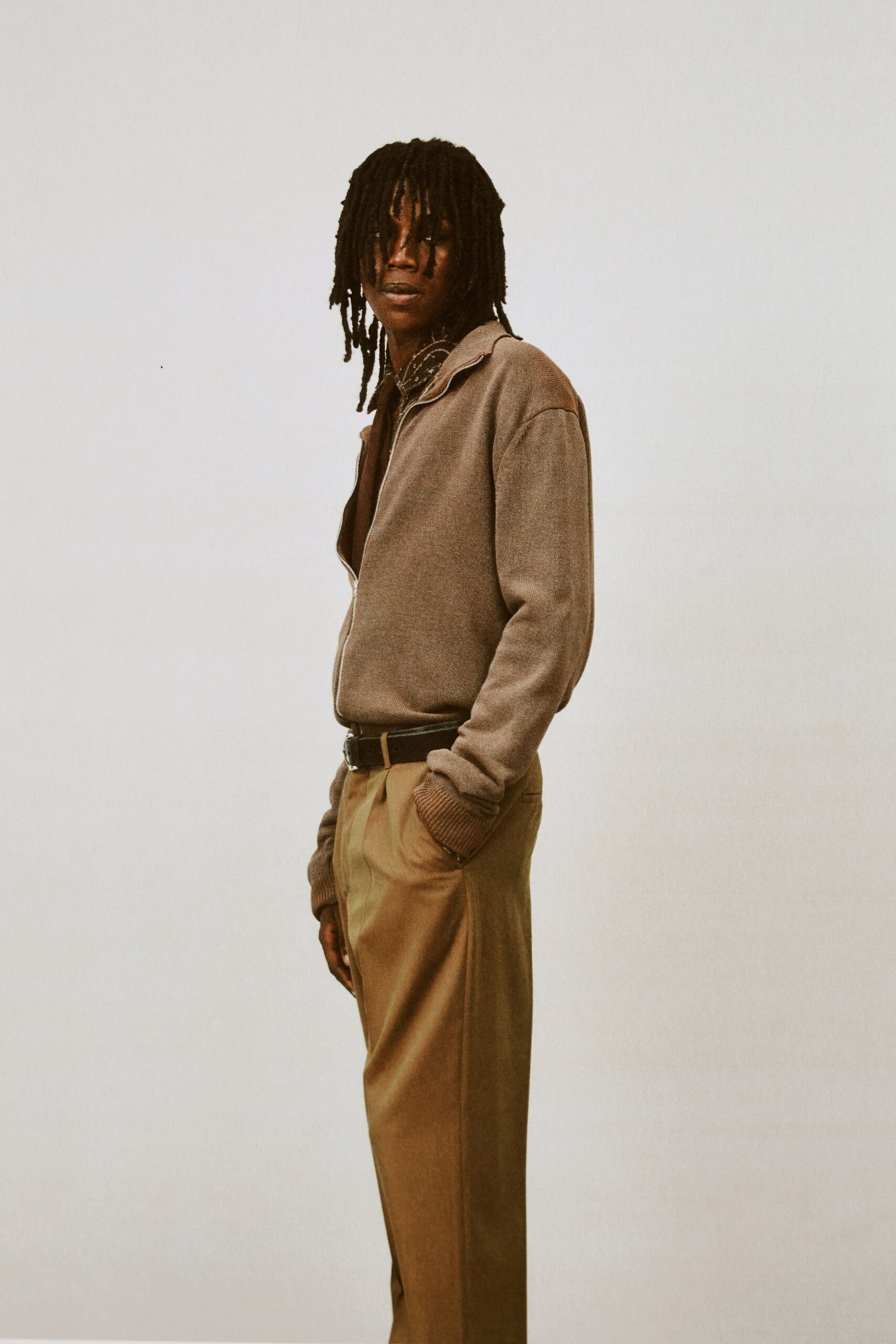 brown wool shirt beige tailored pants