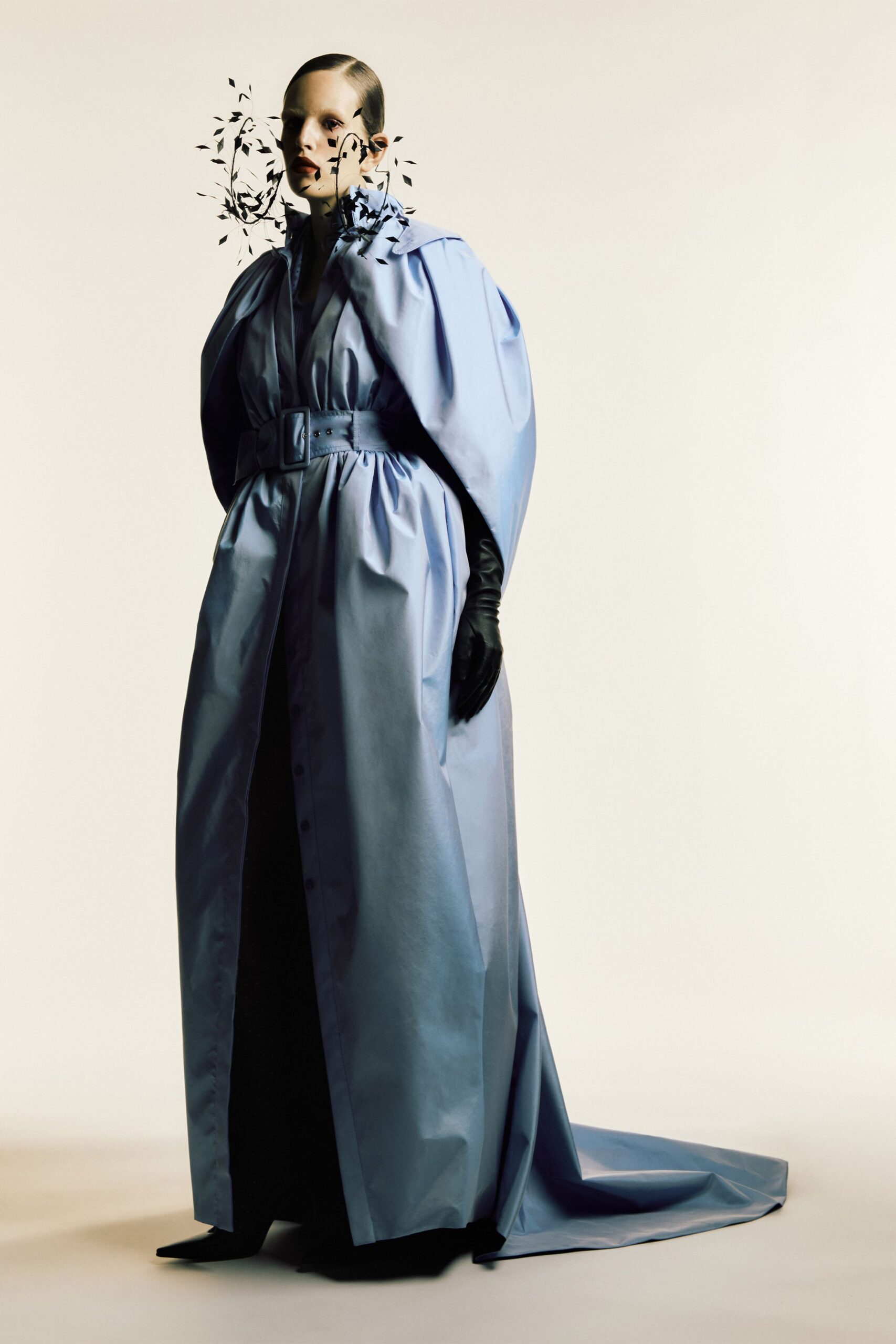 blue silk long-sleeve collared fitted belted layered gown
