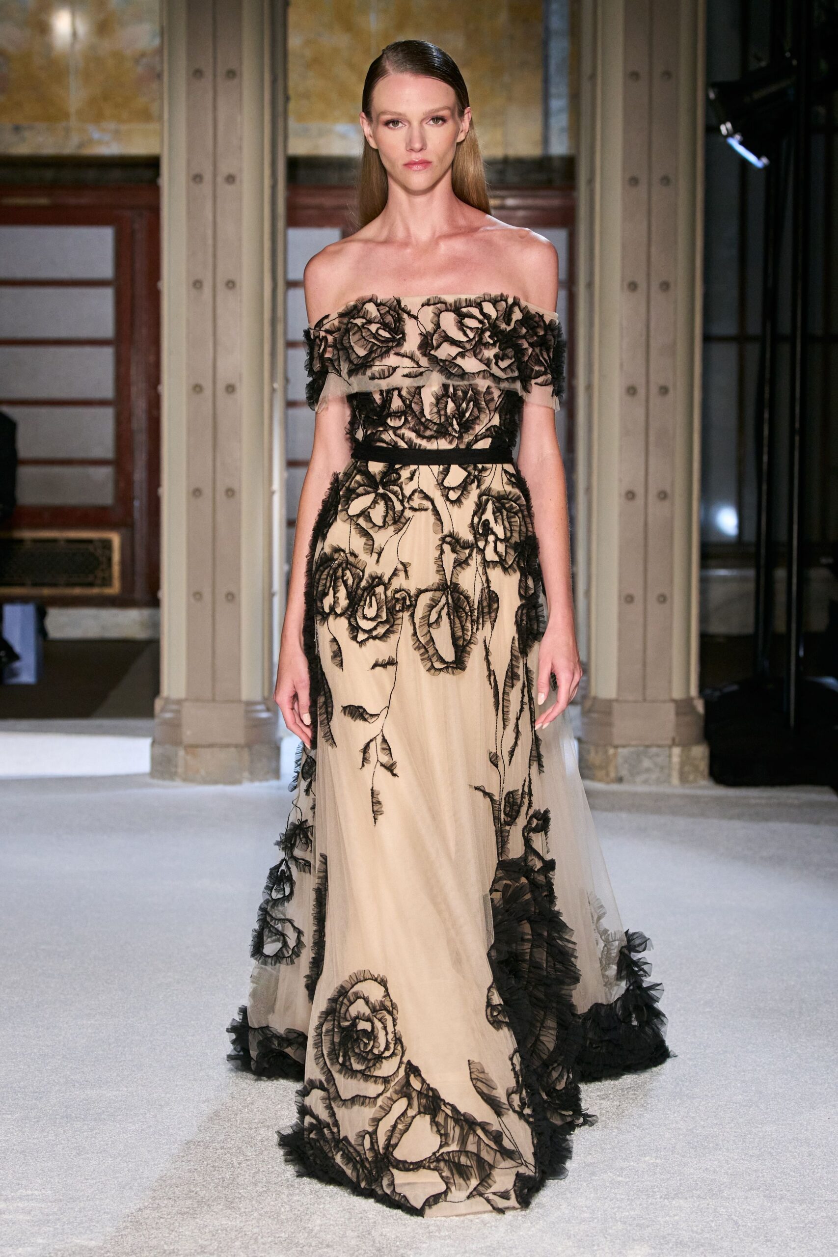 beige black embroidered off-shoulder gown