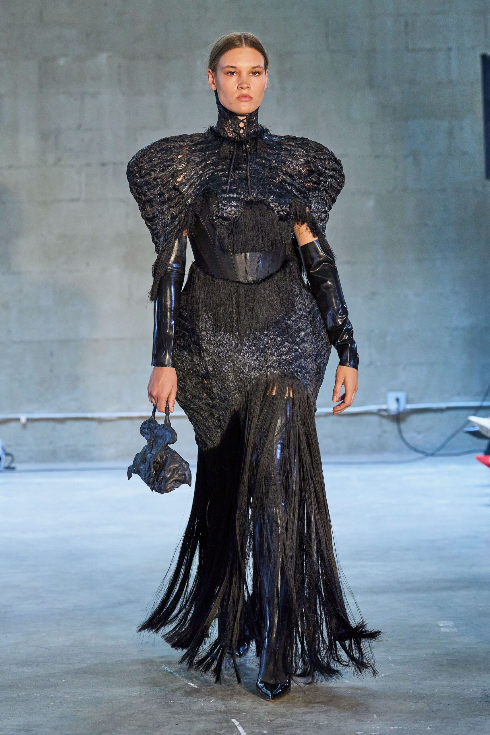 black silk long-sleeve high-neck fitted fringed embellished gown