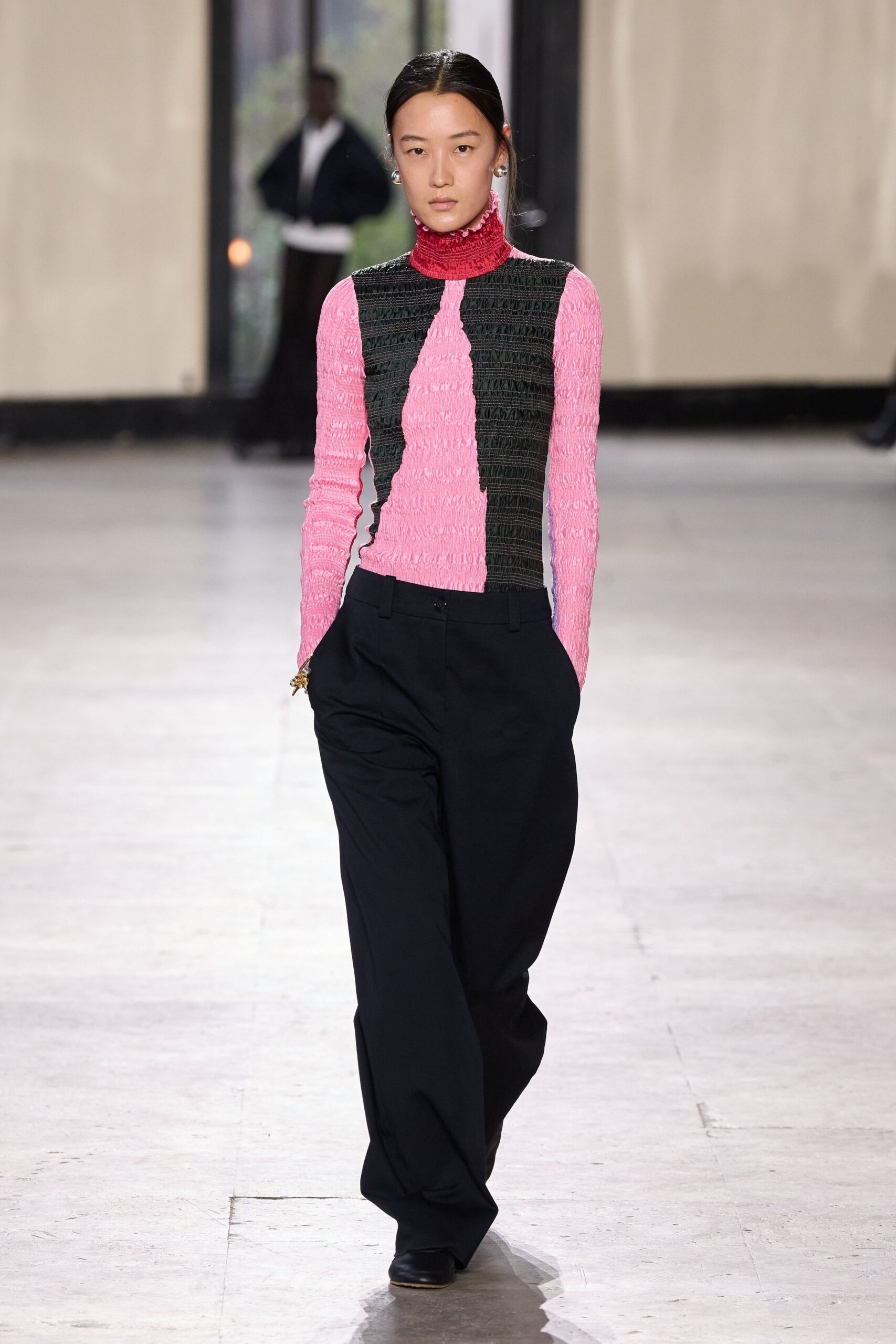 pink and black color-blocked top with wide-leg pants