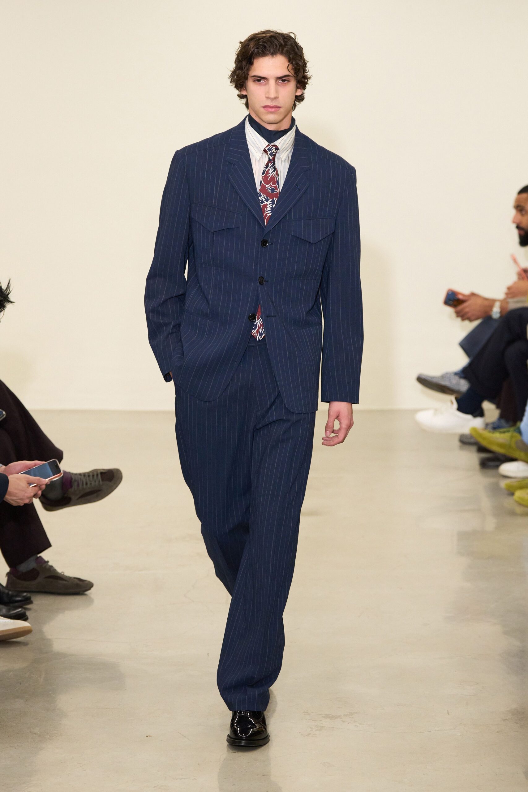 blue cotton long-sleeve collared tailored striped buttoned suit