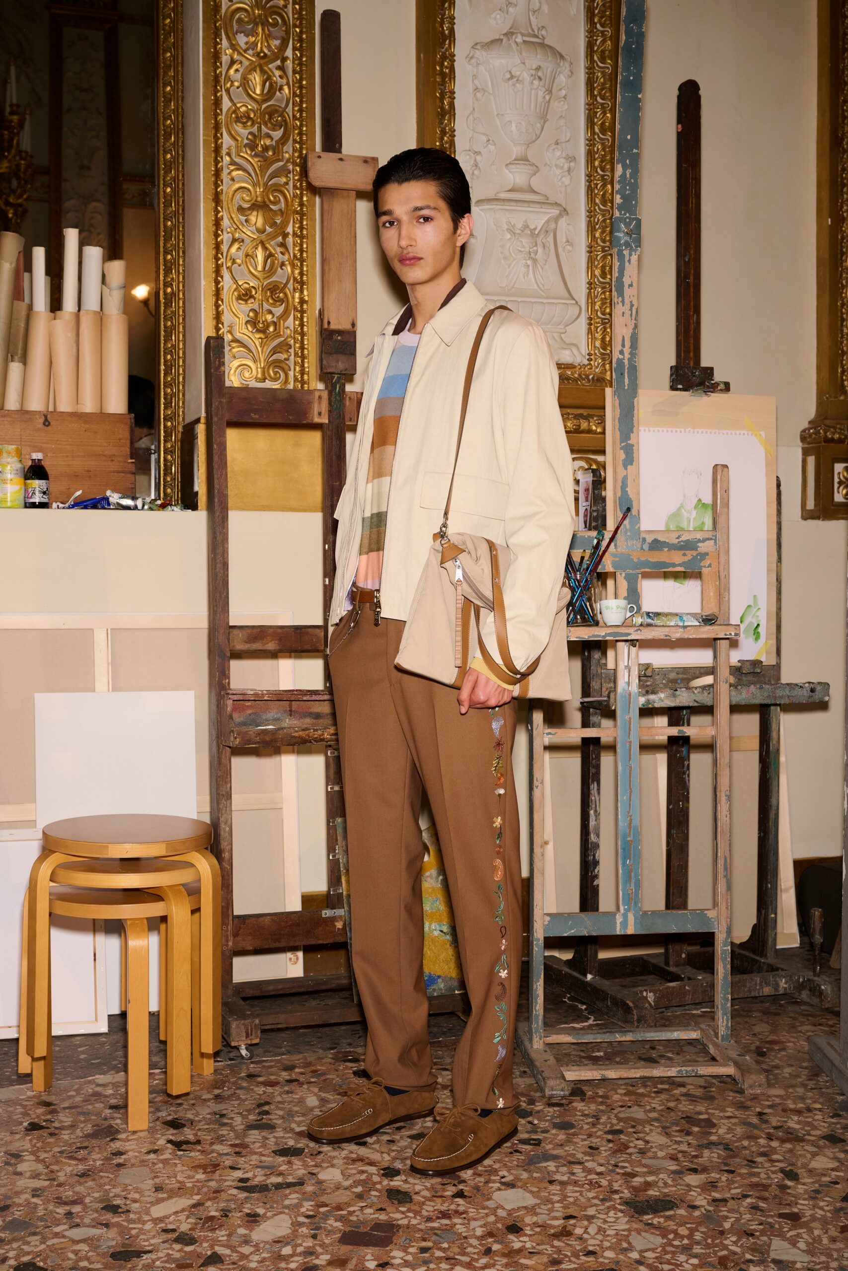 beige relaxed jacket with multi shirt