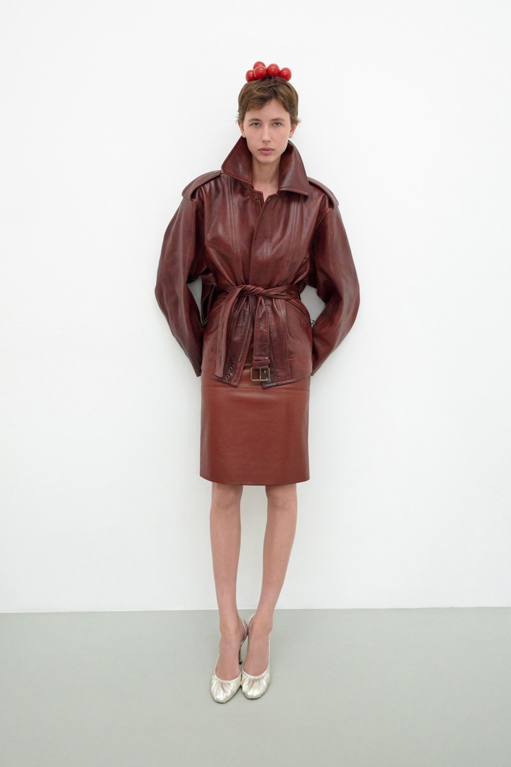 brown leather long-sleeve collared fitted belted jacket