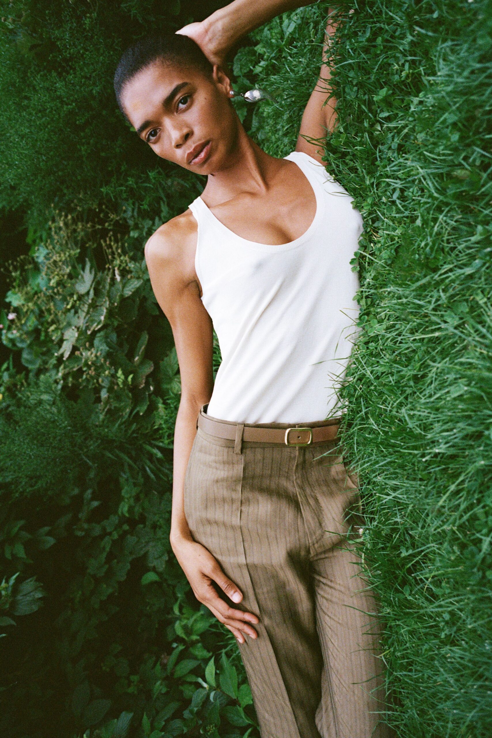 brown cotton long-sleeve slim striped pants