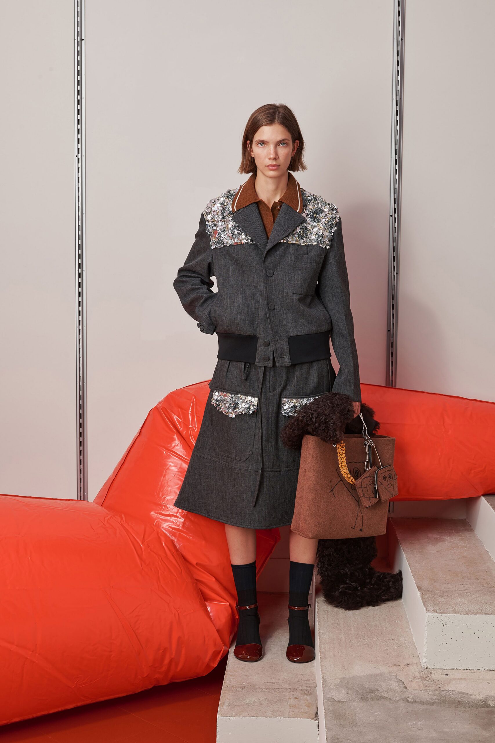 gray denim long-sleeve collared fitted embroidered buttoned jacket